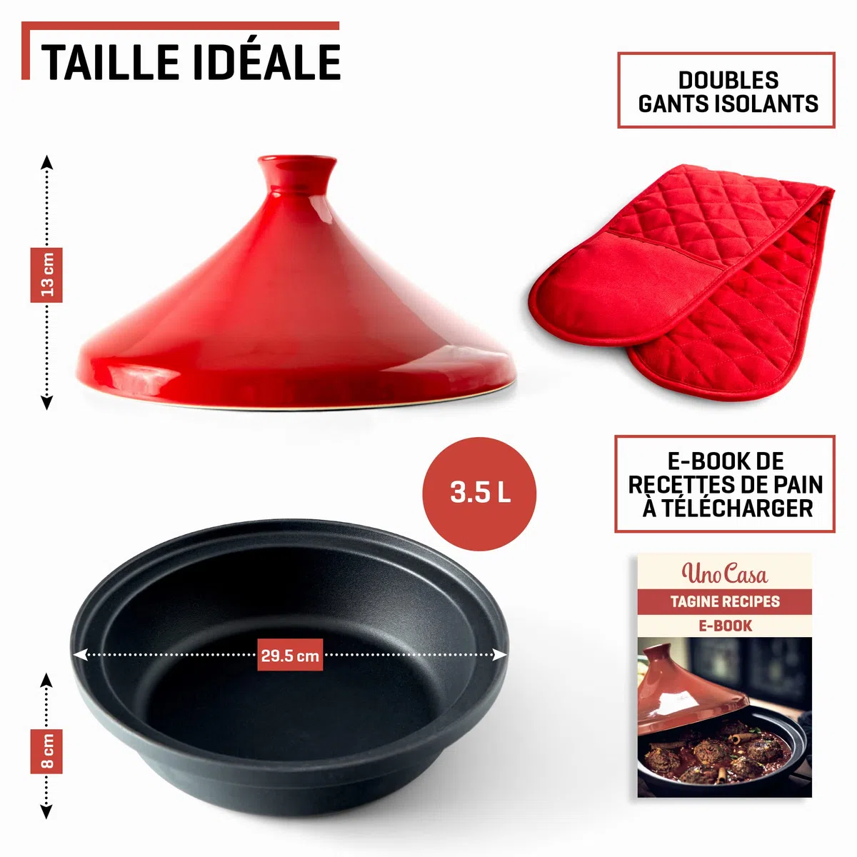 Uno Casa Plat à Tajine Marocain - Tajine Induction - Casserole en Fonte de 3,5 l avec une Base en Fonte Émaillée et un Couvercle en Forme de Cône