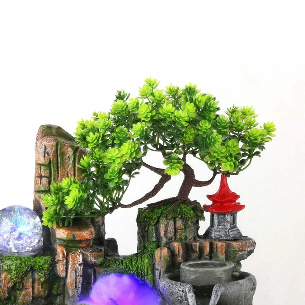 Fonte Feng Shui d'intérieur, fontaine de jardin en pierres, aquarium, avec boule de cristal LED et vaporisateur, fontaine de table, décoration de salon