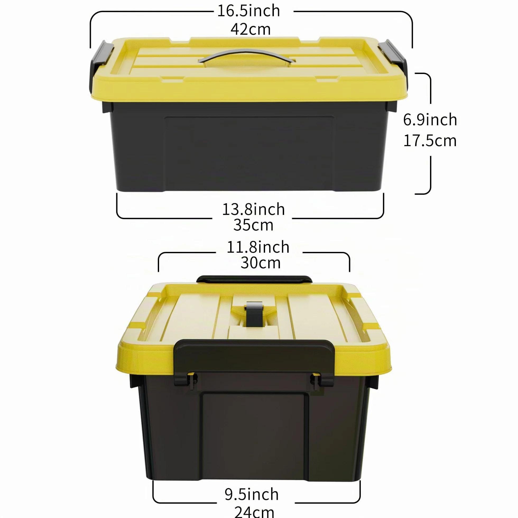 Lot de 6 boîtes de rangement en plastique avec couvercles, 15 L, empilable, noir et jaune