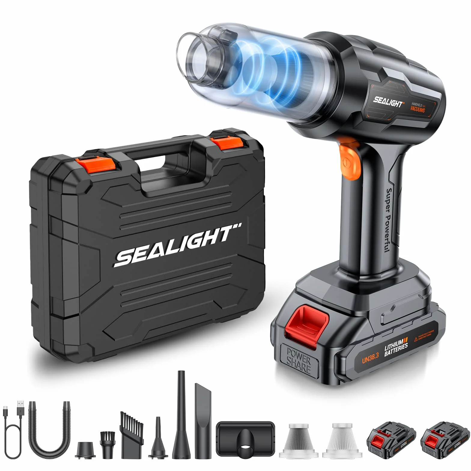 SEALIGHT Aspirateur à Main, 35000Pa Mini Aspirateur sans Fil avec 2er Batteries Rechargeables, Aspirateur de Voiture avec Moteur sans Brosse, Aspirateur Voiture sans Fil pour Bureau,Maison, Cuisine