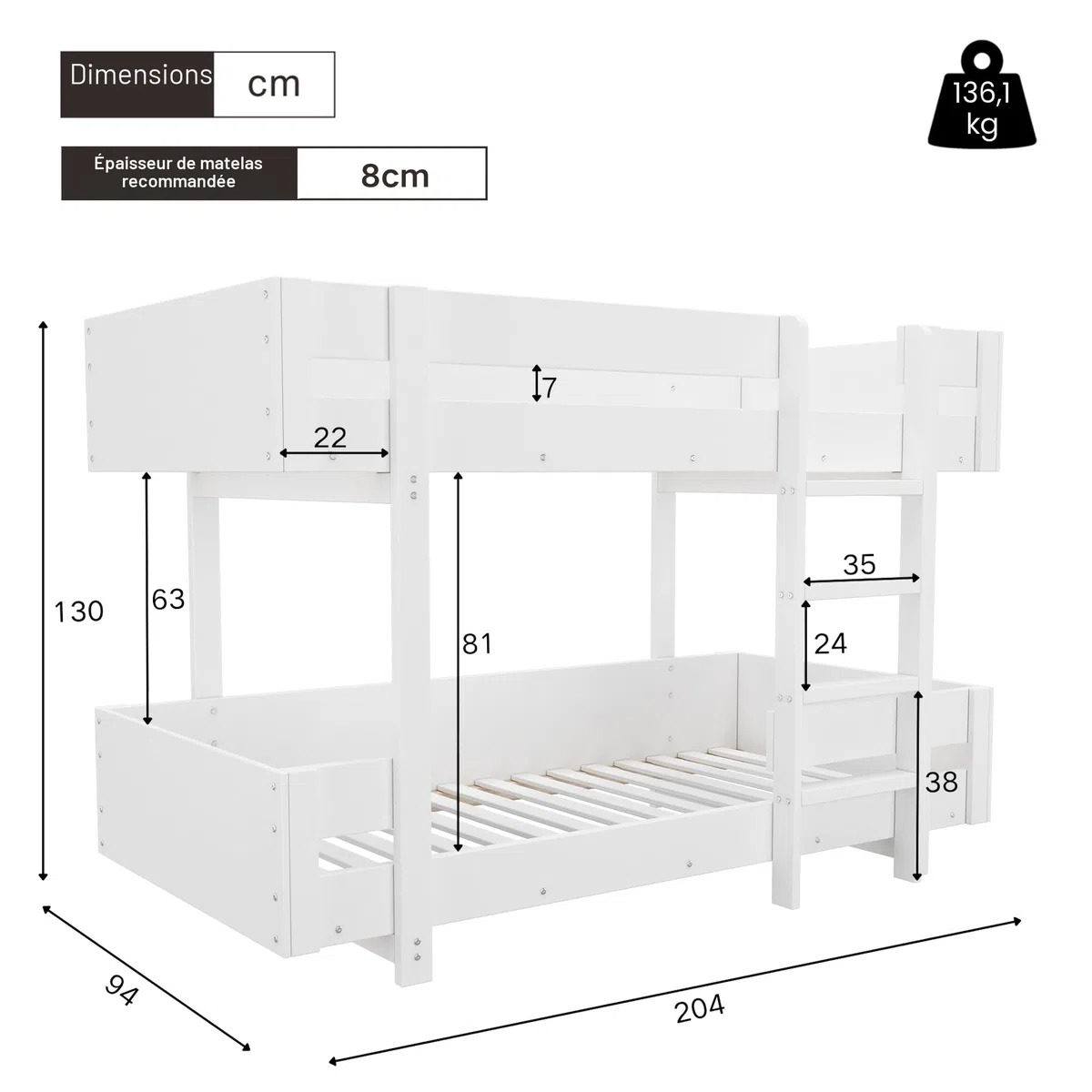 Merax Lit superposé pour Enfant, 90 x 200 cm, en Bois Massif et MDF, avec échelle de sécurité, pour garçons et Filles, Blanc (sans Matelas)