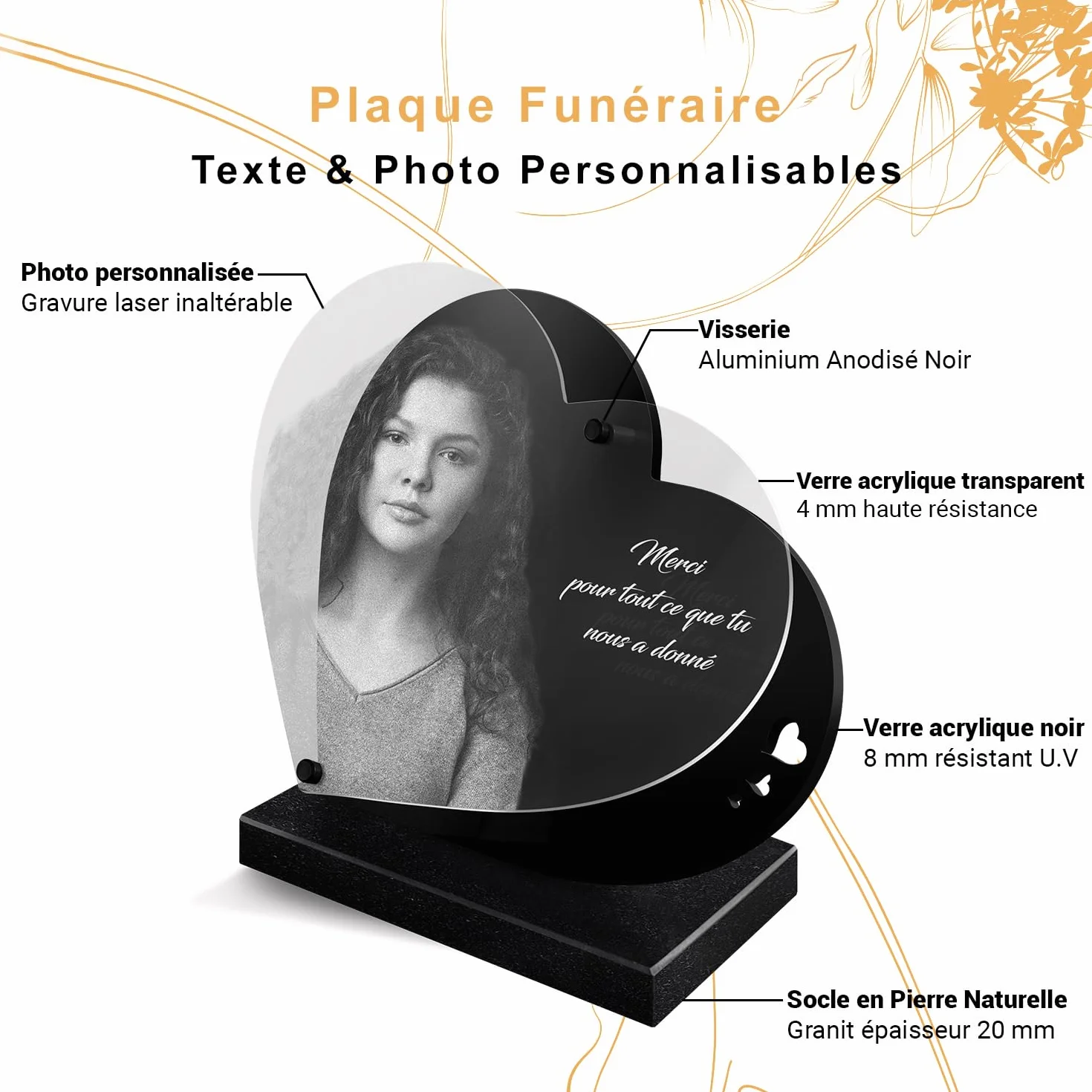 ETERNEL Plaque Funéraire Personnalisée Double Coeur Ange Enfant Photo Texte Gravée au Laser Hommage Tombale Obsèques Commémoration