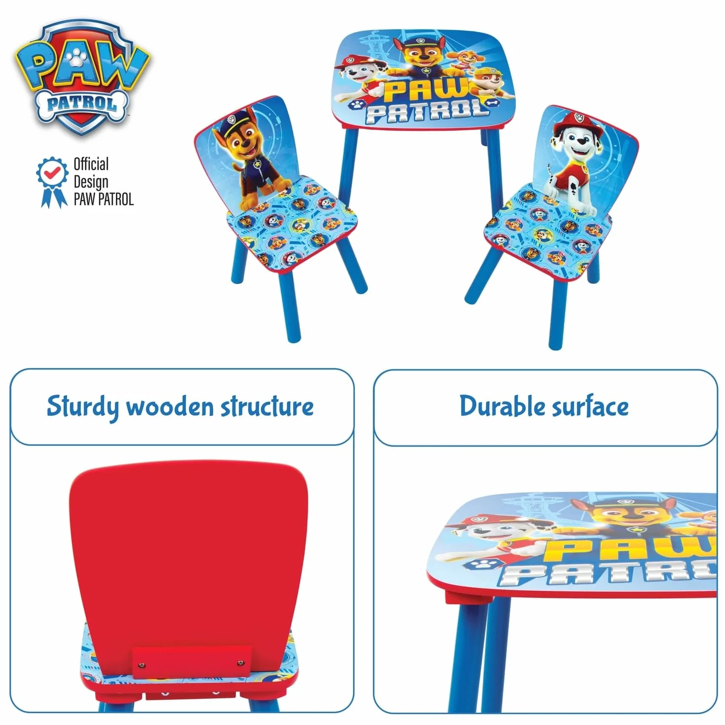 ARDITEX - Ensemble Table et 2 Chaises en Bois pour Enfants Licence Officielle La Pat’ Patrouille - Table 50x50x44 cm/Chaise 26,5x26,5x50 cm - Bleu - Idéal pour Jouer et Dessiner