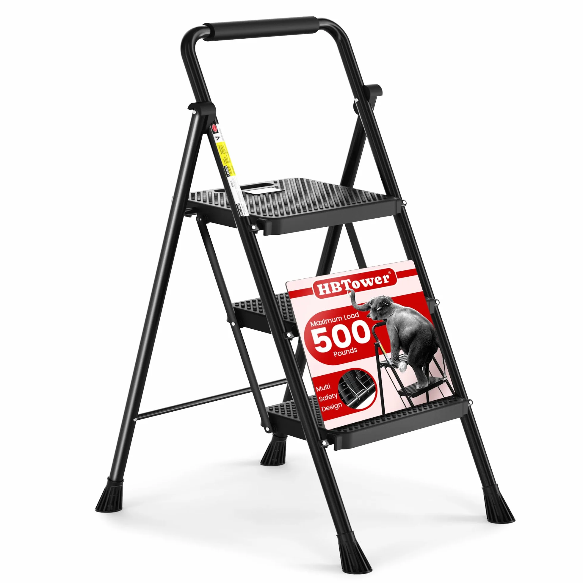 HBTower Escabeau 3 Marches Pliable, Échelle avec Pédales Antidérapantes et Poignée Confortable, Escabeau en Acier Portable, Noir
