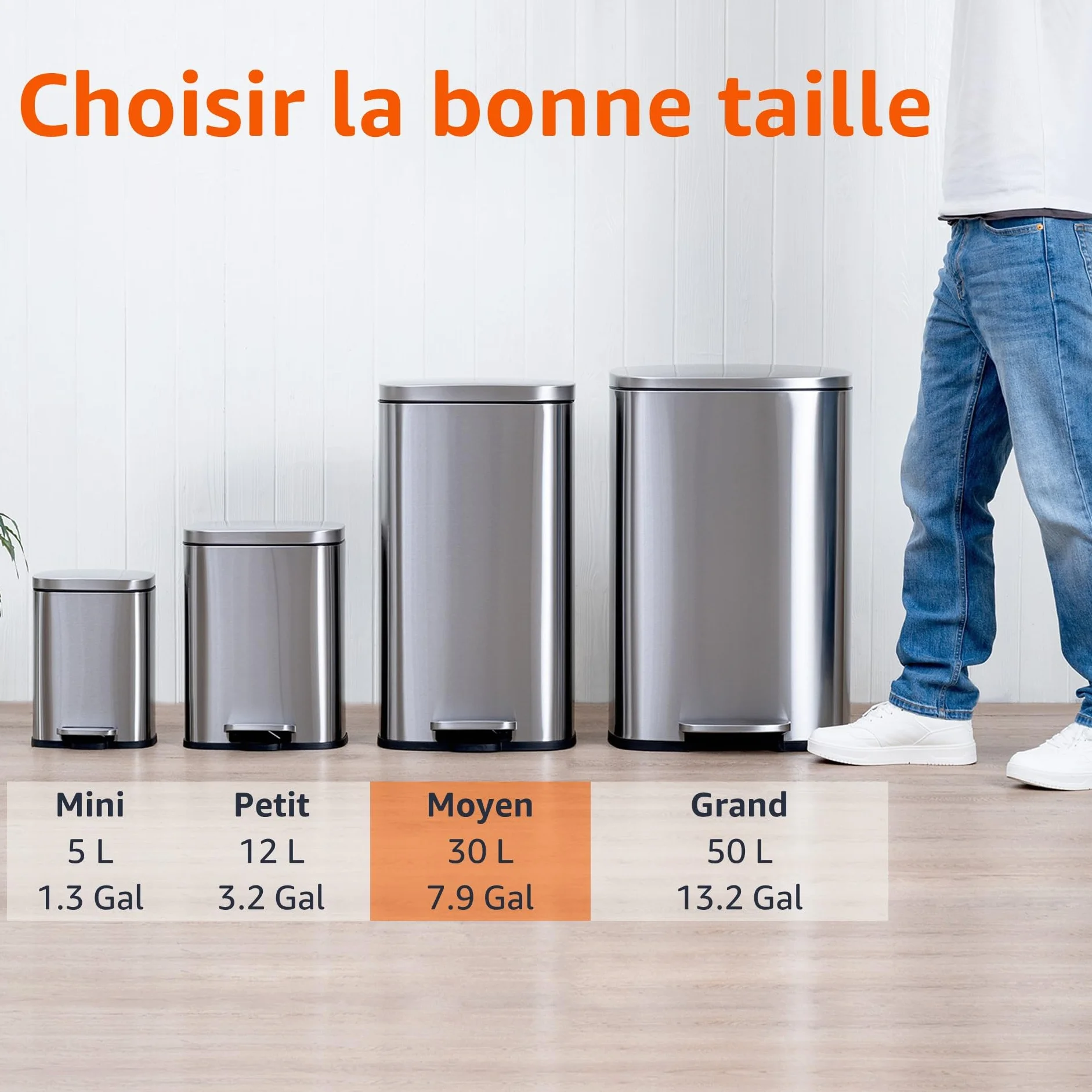 Amazon Basics Poubelle rectangulaire à fermeture douce 30 l nickel satiné