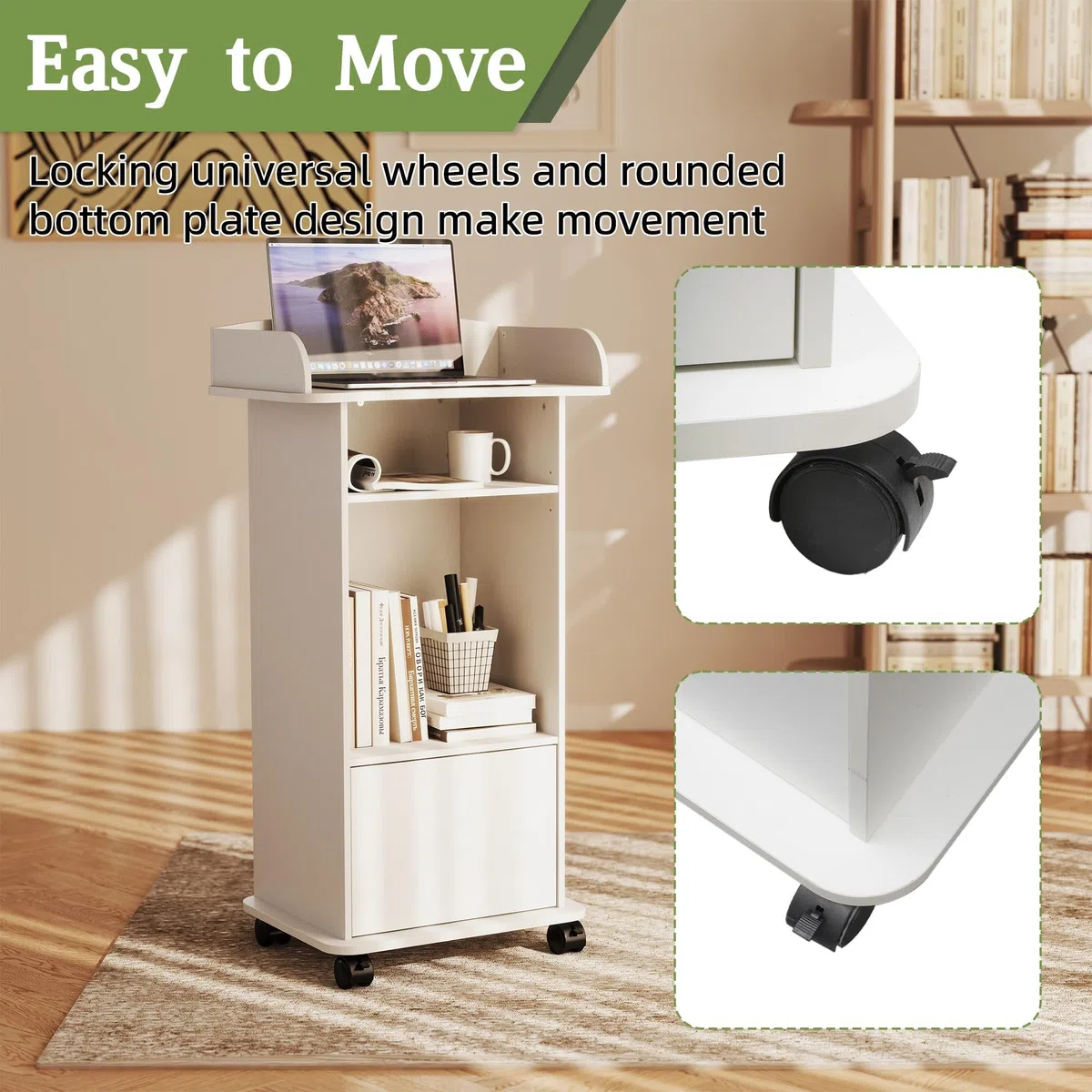 Turosur Pupitre en bois blanc avec étagère de rangement - Support de pupitre mobile avec roulettes