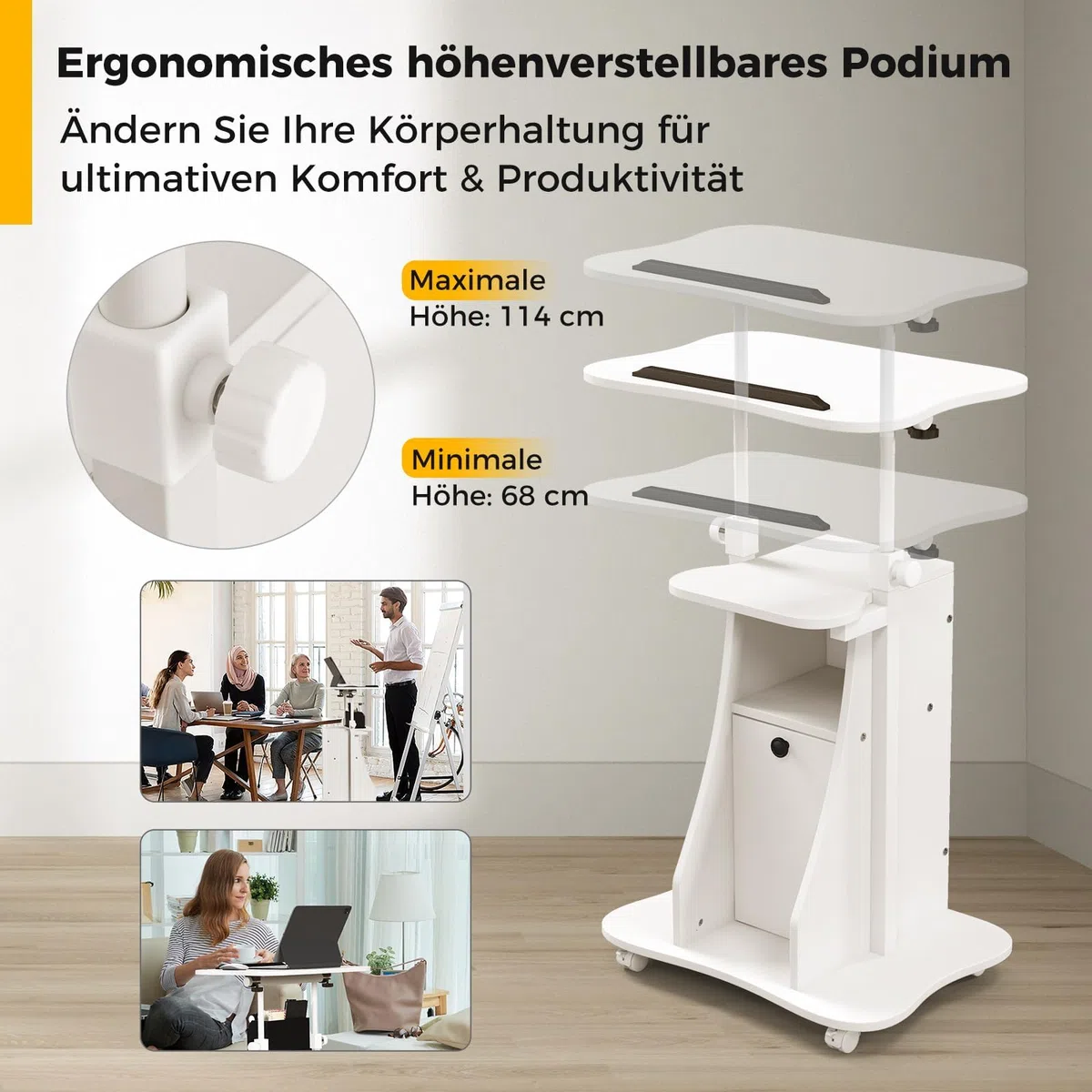FANTASK Podium sur roulettes pour Ordinateur Portable - Pupitre Mobile réglable en Hauteur avec Plateau inclinable et Armoire pour Bureau à Domicile - Noir et Blanc