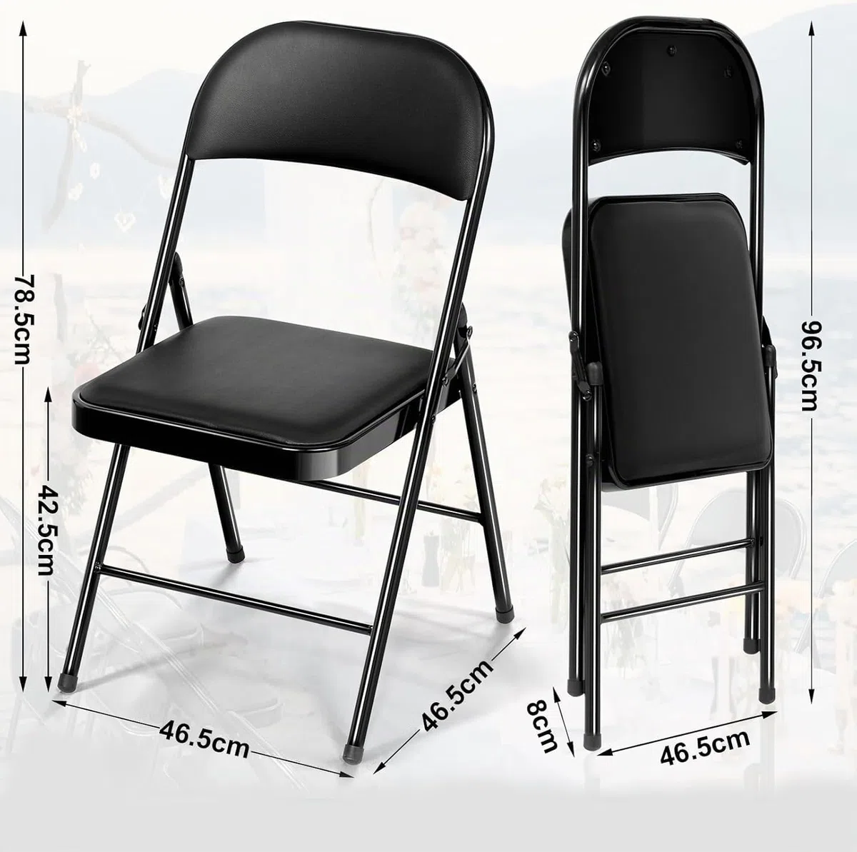 Chaise Pliante Confortable, Set de 6 Chaise Pliante Interieur, Chaise Pliante Exterieur jusqu'à 158 KG,métal Chaise Pliable pour invités, Cuisine, Camping, Chaise de Jardin Pliante Noir