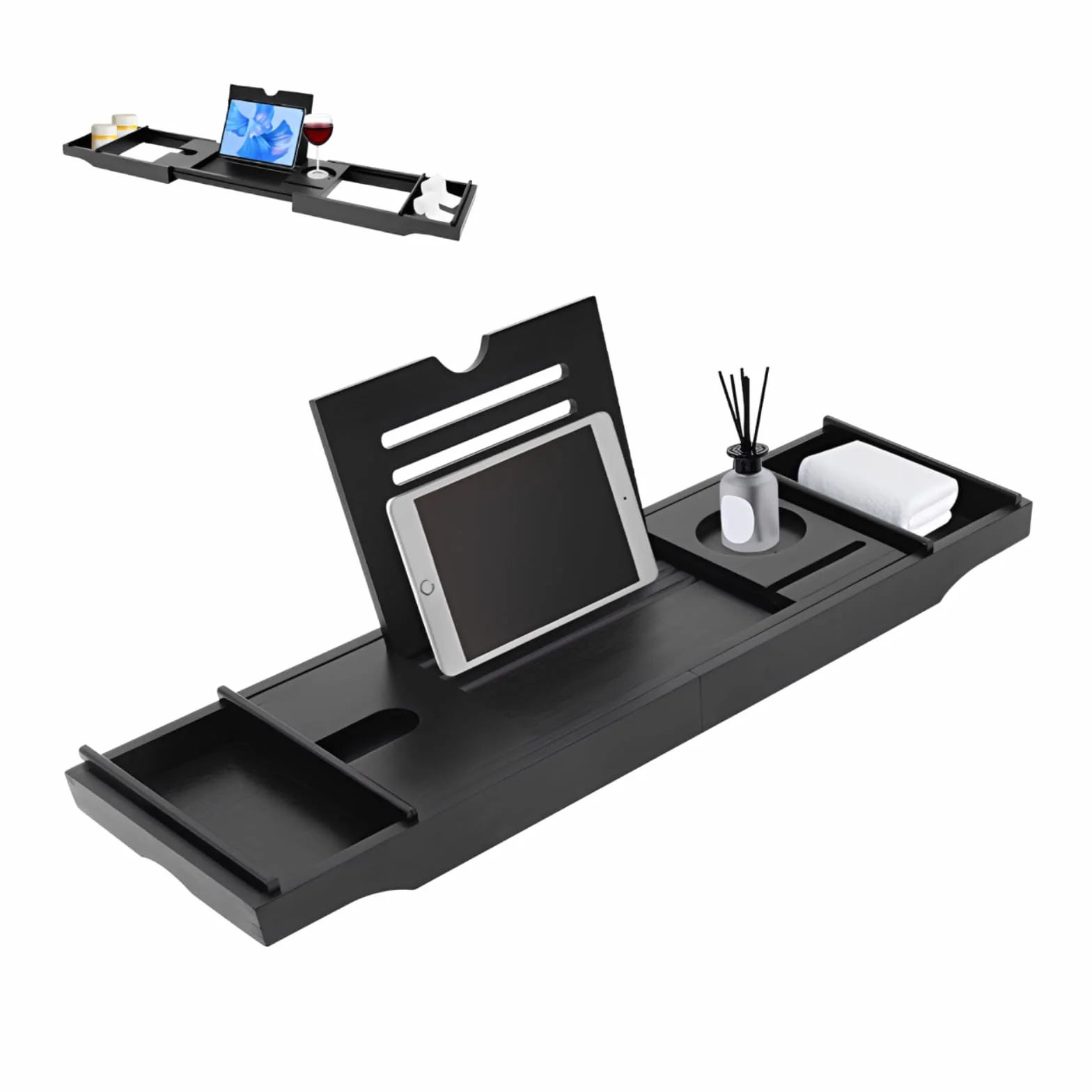 Étagère de baignoire extensible en bambou réglable 75-111 cm Noir