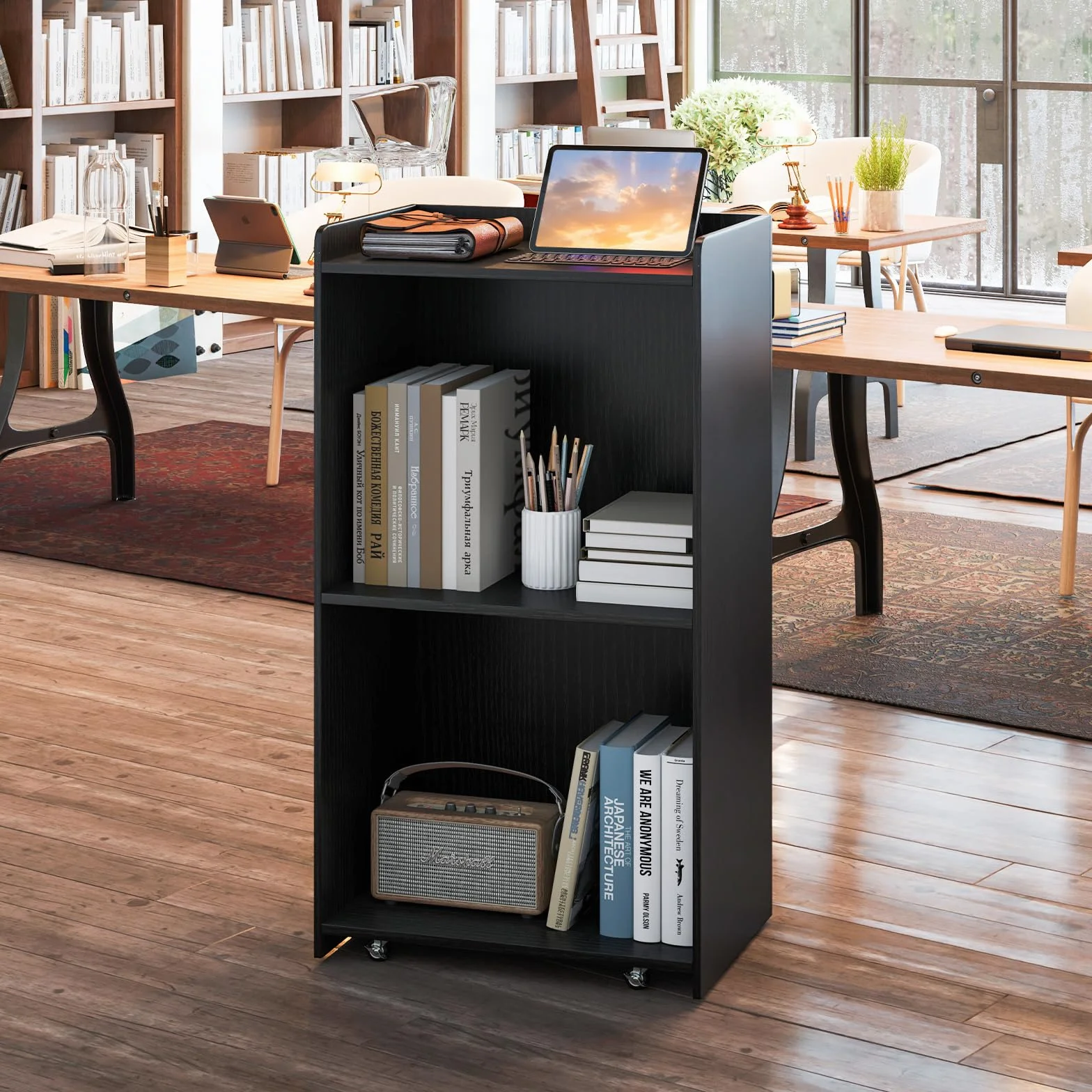GYMAX Pupitre Mobile avec Roulettes Verrouillables, Table Haute, 57 x 37 x 105 cm, Noir