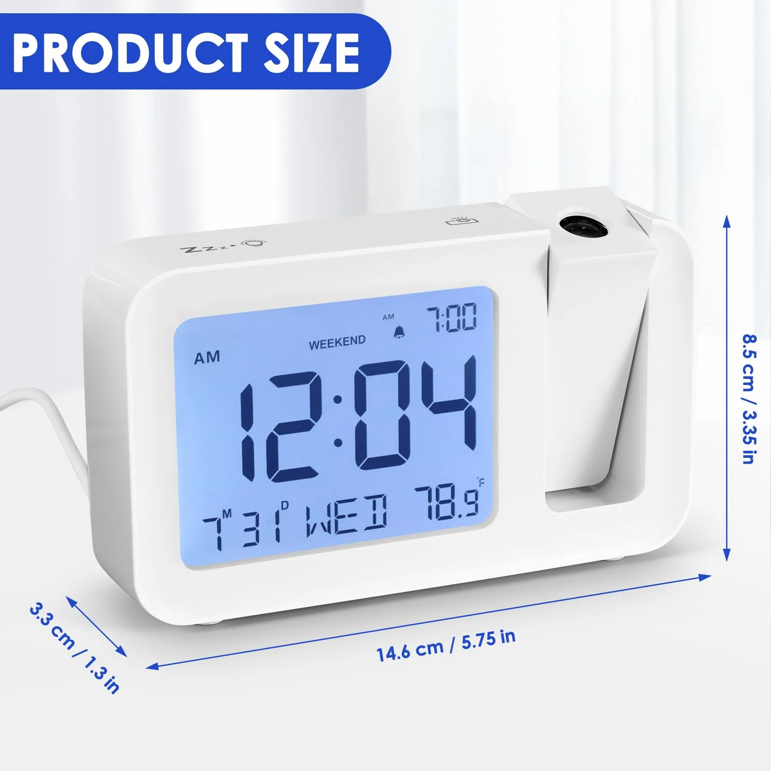 ALLOMN Réveil avec Projection Numérique, Température et Date, 4 Luminosité, Snooze 9 min, 12/24h, Mode Week-end