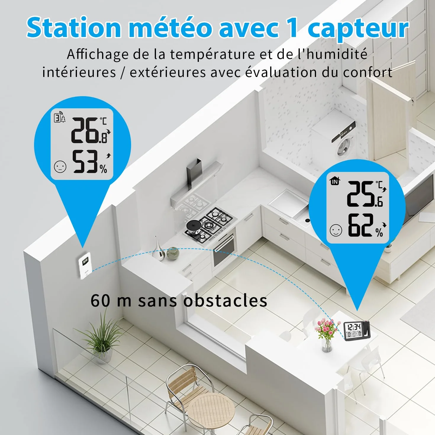 Uzoli EM3539E Réveil à Projection au Plafond avec Station Météo, Horloge Radio-piloté, Projecteur Rotatif 180°, Température, Humidité