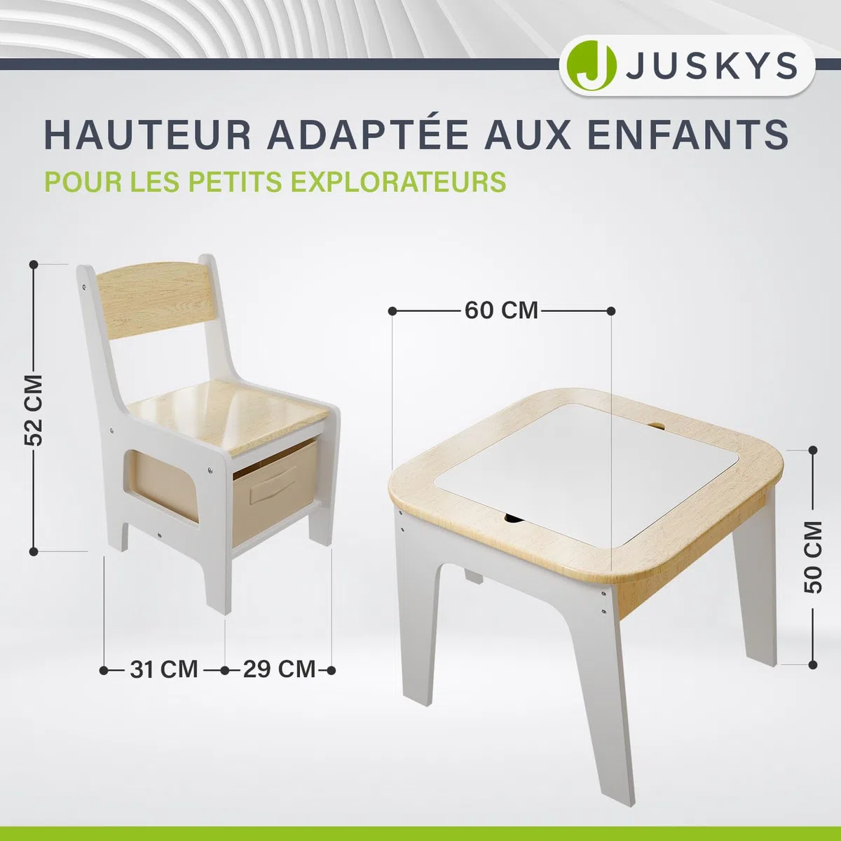 Juskys Ensemble de sièges pour Enfants Milou, Set 2 chaises & 1 Table en Bois, Table de Jeu avec Rangement, Coin Jeu pour Enfants, Naturel