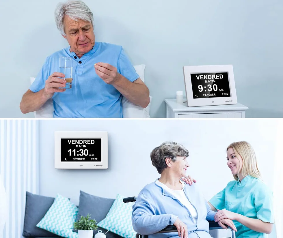 LEMNOI 7" LCD Digital Clock Calendar with Date Day Time Auto Dimming 8 Languages HD Display for Alzheimer Elderly Kids White