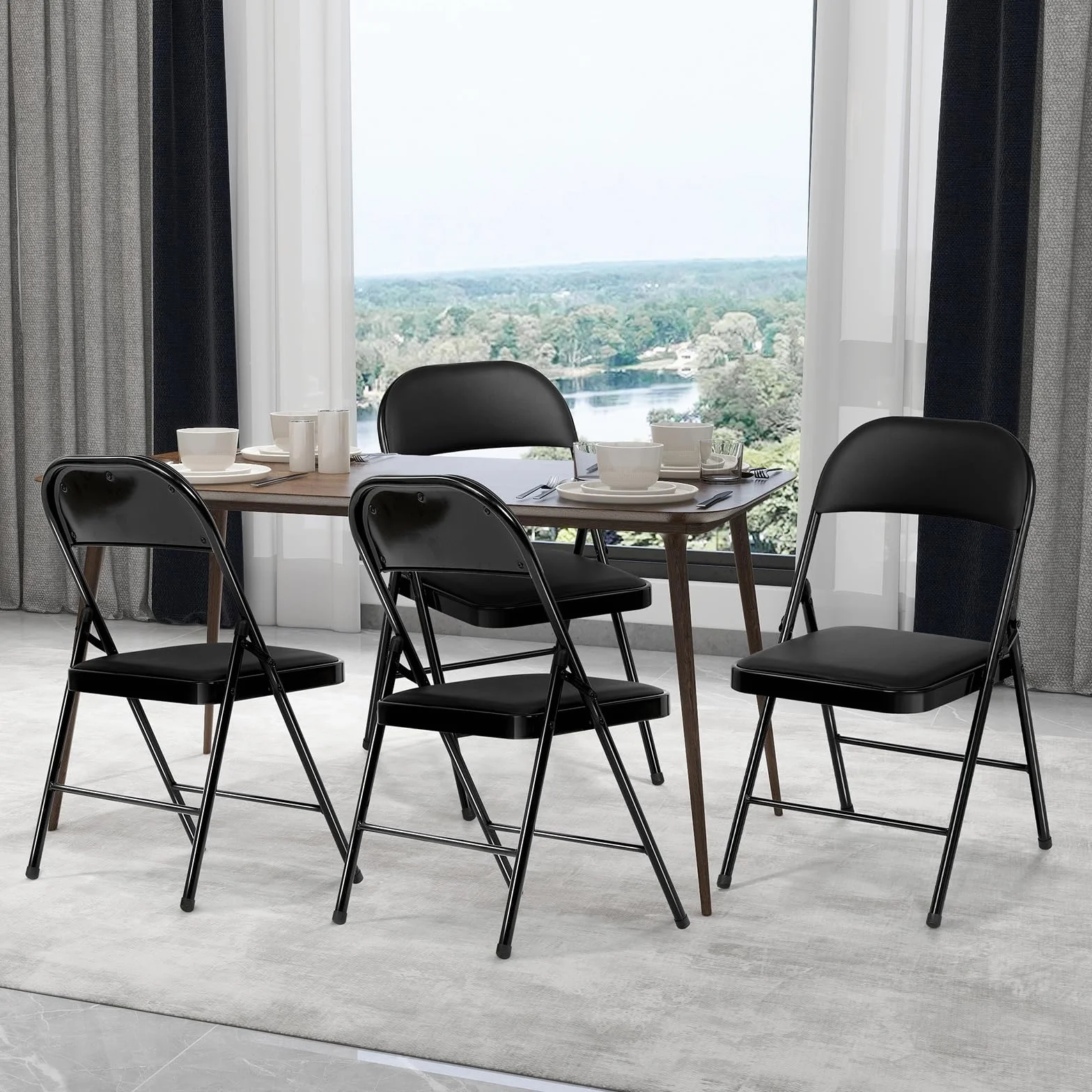 Chaise Pliante Confortable, Set de 6 Chaise Pliante Interieur, Chaise Pliante Exterieur jusqu'à 158 KG,métal Chaise Pliable pour invités, Cuisine, Camping, Chaise de Jardin Pliante Noir