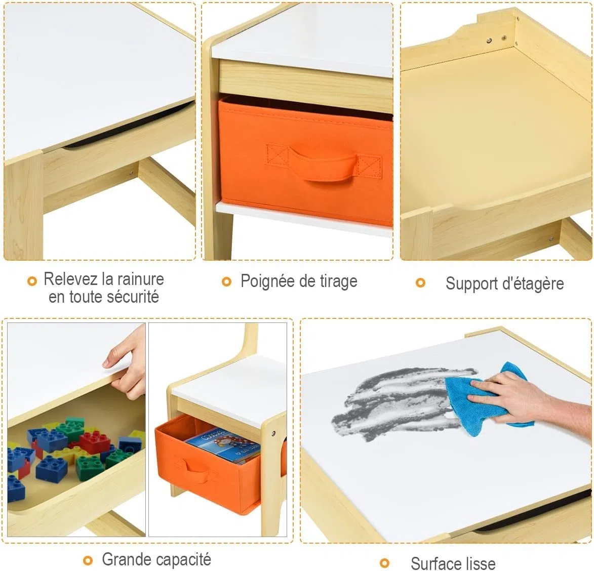 COSTWAY Table Enfant avec Chaise, Petite Table avec Tableau Amovible à 2 Faces et 2 Boîtes, Bureau Enfant avec Rangement Taille Compacte pour Chambre, École