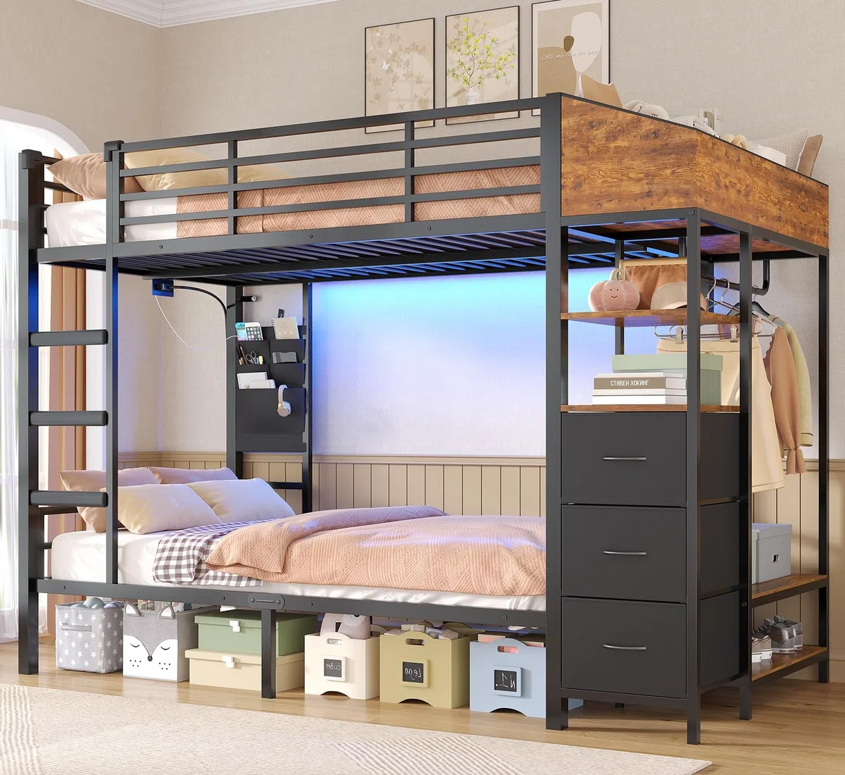 AOGLLATI Lit Superposé Enfant avec Éclairage LED et 4 Ports USB, Lit Mezzanine 2 Places avec 4 Étagères, Tringle, Sac, 3 Tiroirs et 2 Niche en Tissu, Lit Enfant 90x200 en Métal pour Familles Nombreux
