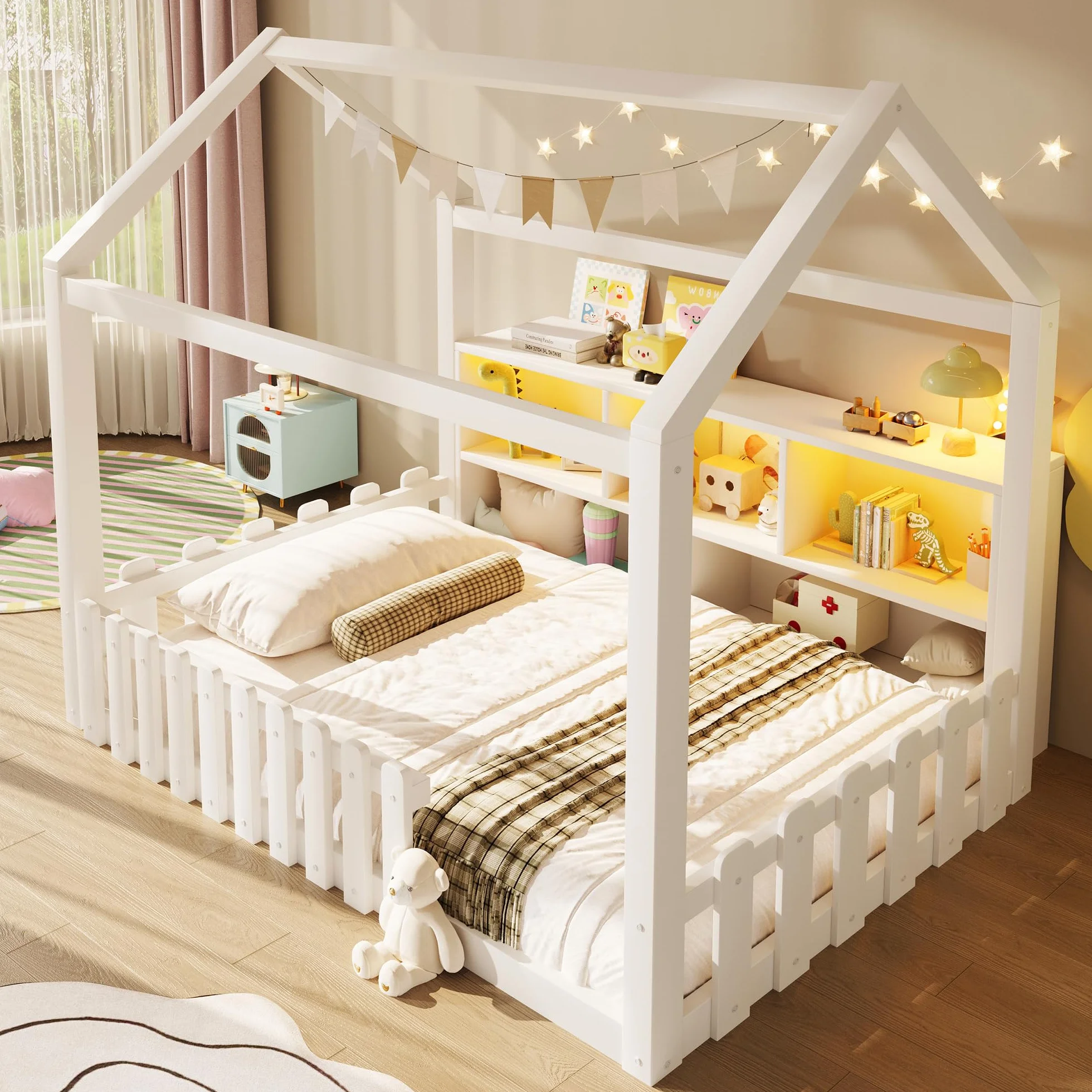 Lit cabane Enfants 90x190 cm avec LED,lit Enfant avec Barriere,lit Enfant cabane lit au Sol Enfant,Compartiments de Rangement Ouverts, Design Maison,Bande de Maison,Bois de pin,Blanc