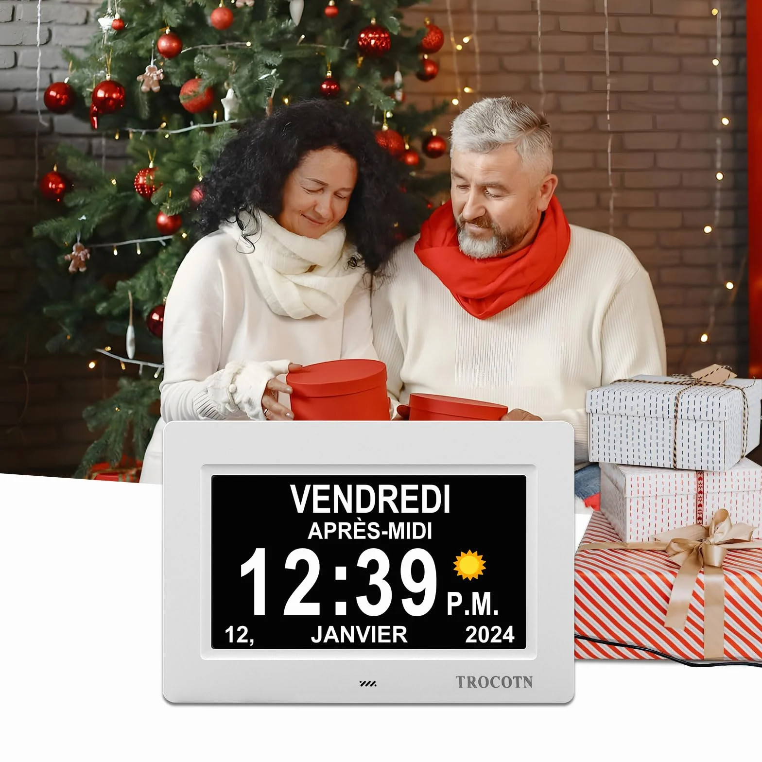 Horloge numérique Grand écran avec Calendrier pour Seniors, 7 Pouces Blanc
