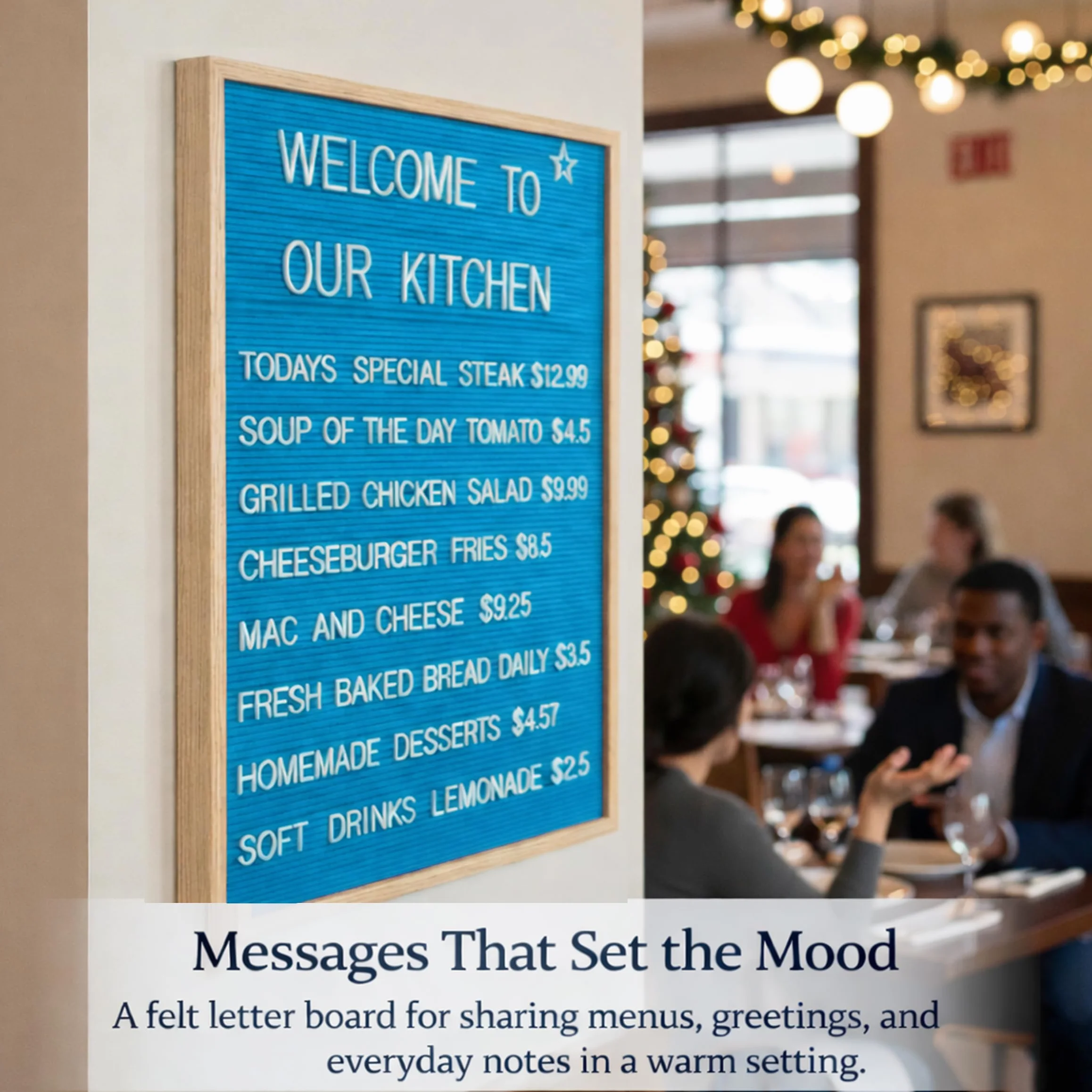 Tableau à lettres en feutre bleu 24 x 30 pouces cadre en chêne avec 966 lettres 1" 2" pour menu messages