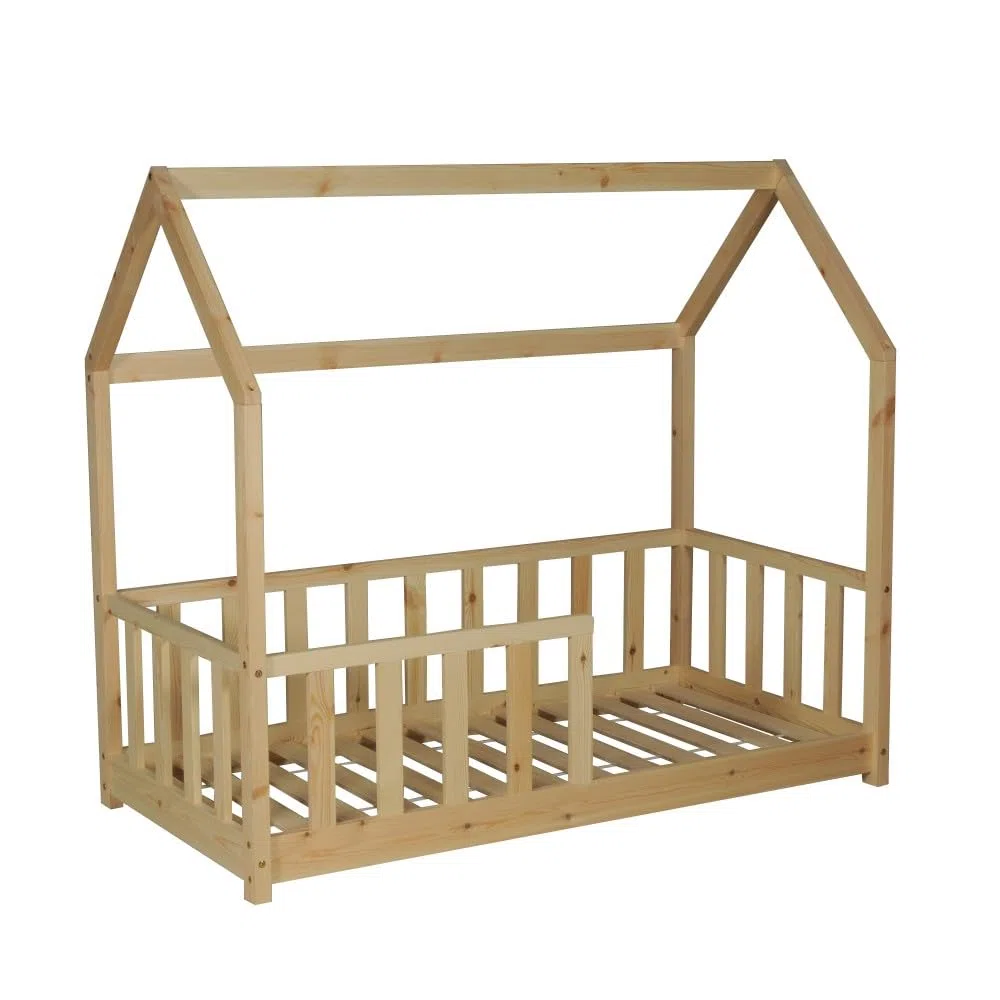 WEBER INDUSTRIES Lit cabane Kiwi 70x140 + 1 sommier + barrière/Bois Clair | 1 sommier inclus, Barrière incluse