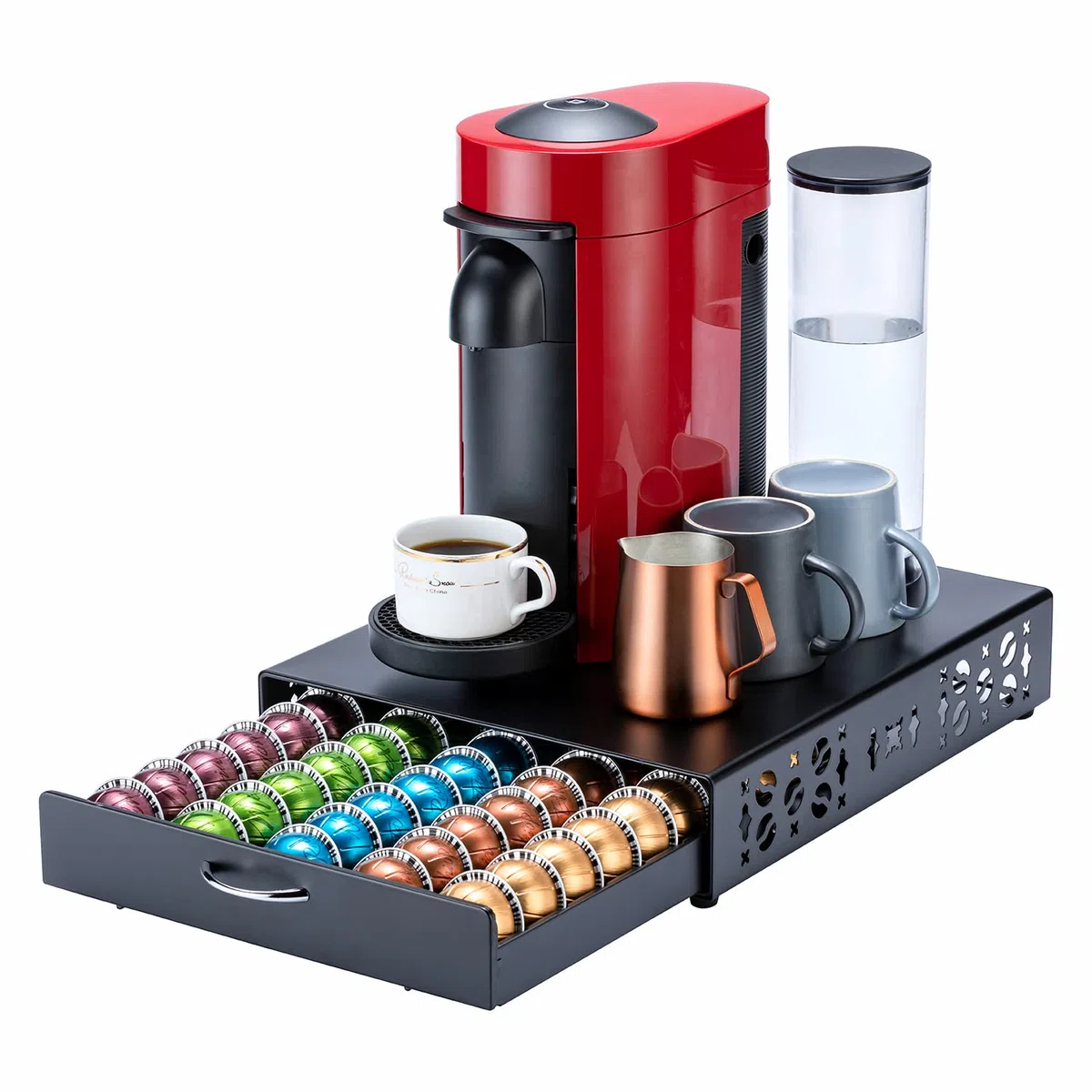 FlagShip Support de capsules pour Nespresso Vertuo - Organiseur de capsules - Design de bar à café et support pour machine à café - Métal noir (capacité de 50 capsules)