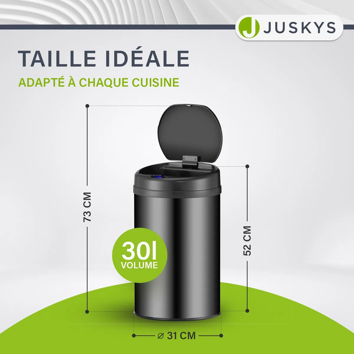 Juskys poubelle automatique avec capteur de 30 L - poubelle électrique, détecteur de mouvement, couvercle automatique, étanche, bague de serrage, cuisine - noir