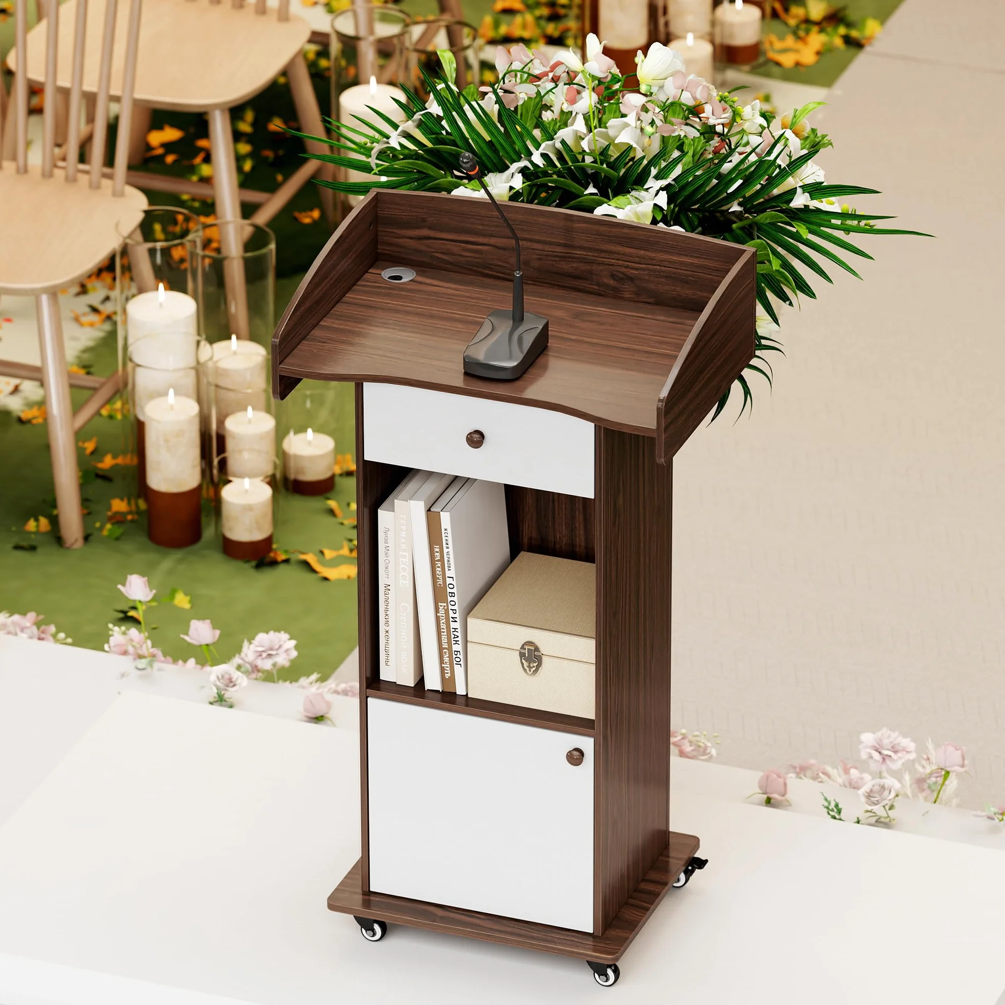 Pupitre en bois avec tiroirs et roulettes, bureau debout avec passe-câbles