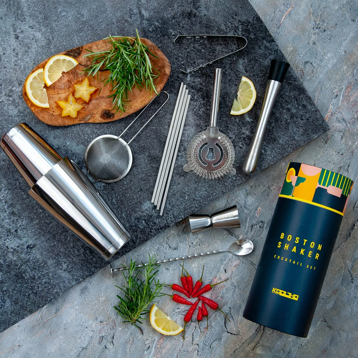 Shaker Boston Professionnel Kit Barman, Coffret Cadeau Original Personnalisable Femme Homme Couple, Set Cocktail Mojito avec Accessoires Bar, Shakers INOX Tin on Tin, Service Cocktails Complet Pro