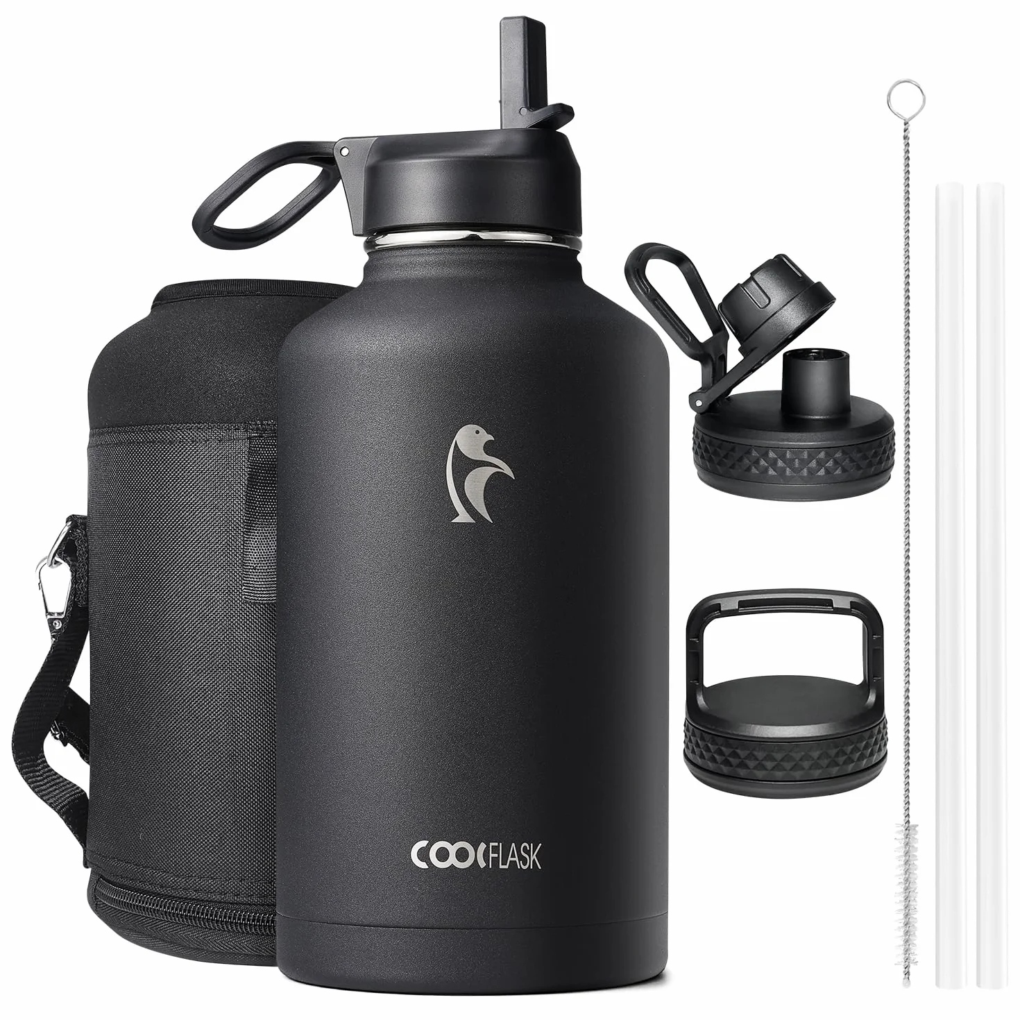 Coolflask Bouteille d'eau Isotherme 2L avec paille et 3 couvercles, Bouteille d'eau froide et chaude en acier inoxydable, isolée, sous double vide et étanche, Noir