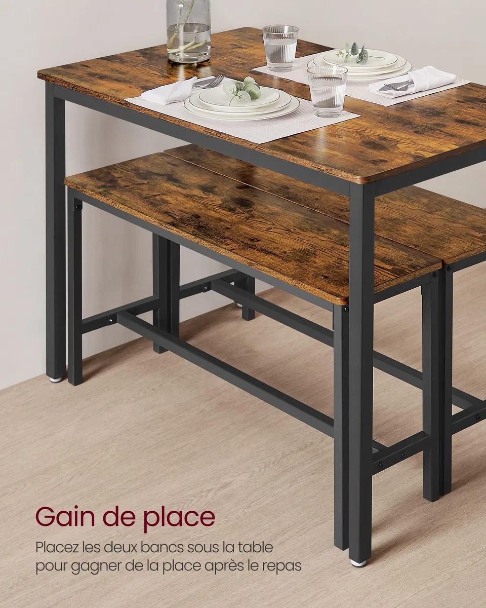 VASAGLE Table à Manger avec 2 Bancs, Ensemble de 3 Meubles, Table de Salle à Manger de 70 x 110 x 75 cm, 2 Bancs de 30 x 97 x 50 cm, Cadre en Acier, Marron Ruatique et Noir d'encre KDT070B01