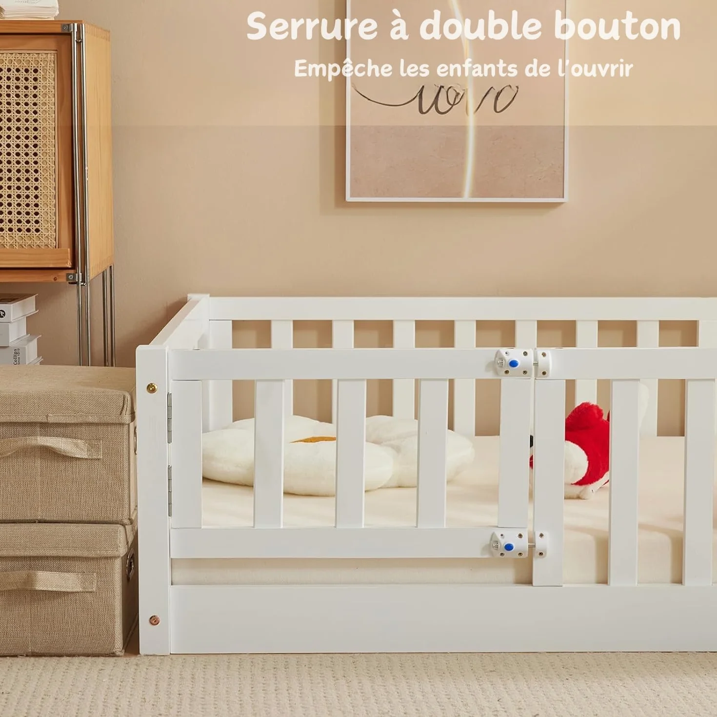 LALAHO Montessori Lit d'enfant Lit au Sol 90x190 cm - Bois Massif avec Porte et Barrière Sécurisée - 12 Lattes Renforcées, Garde-Corps Intégré - pour Enfants (Blanc)