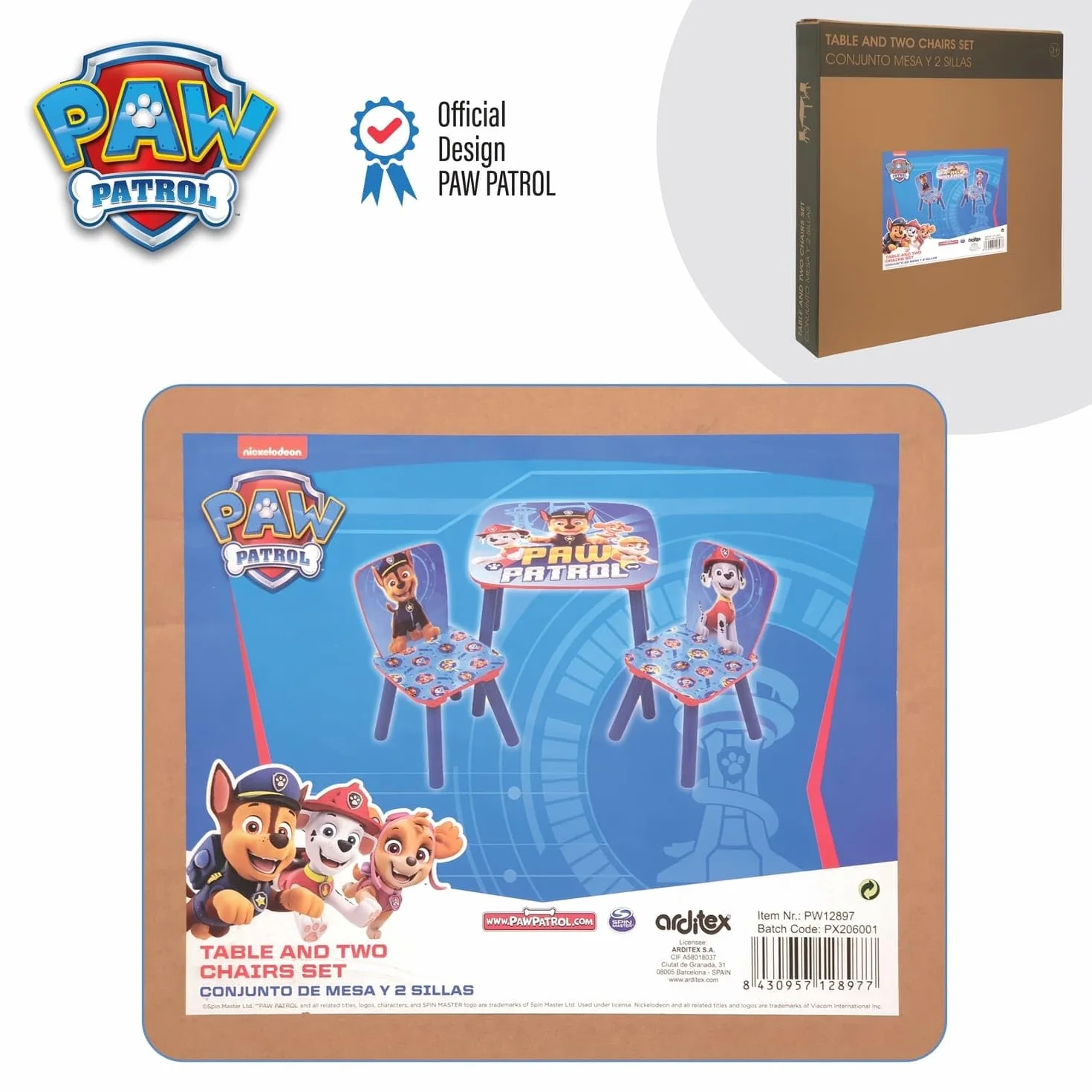 ARDITEX - Ensemble Table et 2 Chaises en Bois pour Enfants Licence Officielle La Pat’ Patrouille - Table 50x50x44 cm/Chaise 26,5x26,5x50 cm - Bleu - Idéal pour Jouer et Dessiner