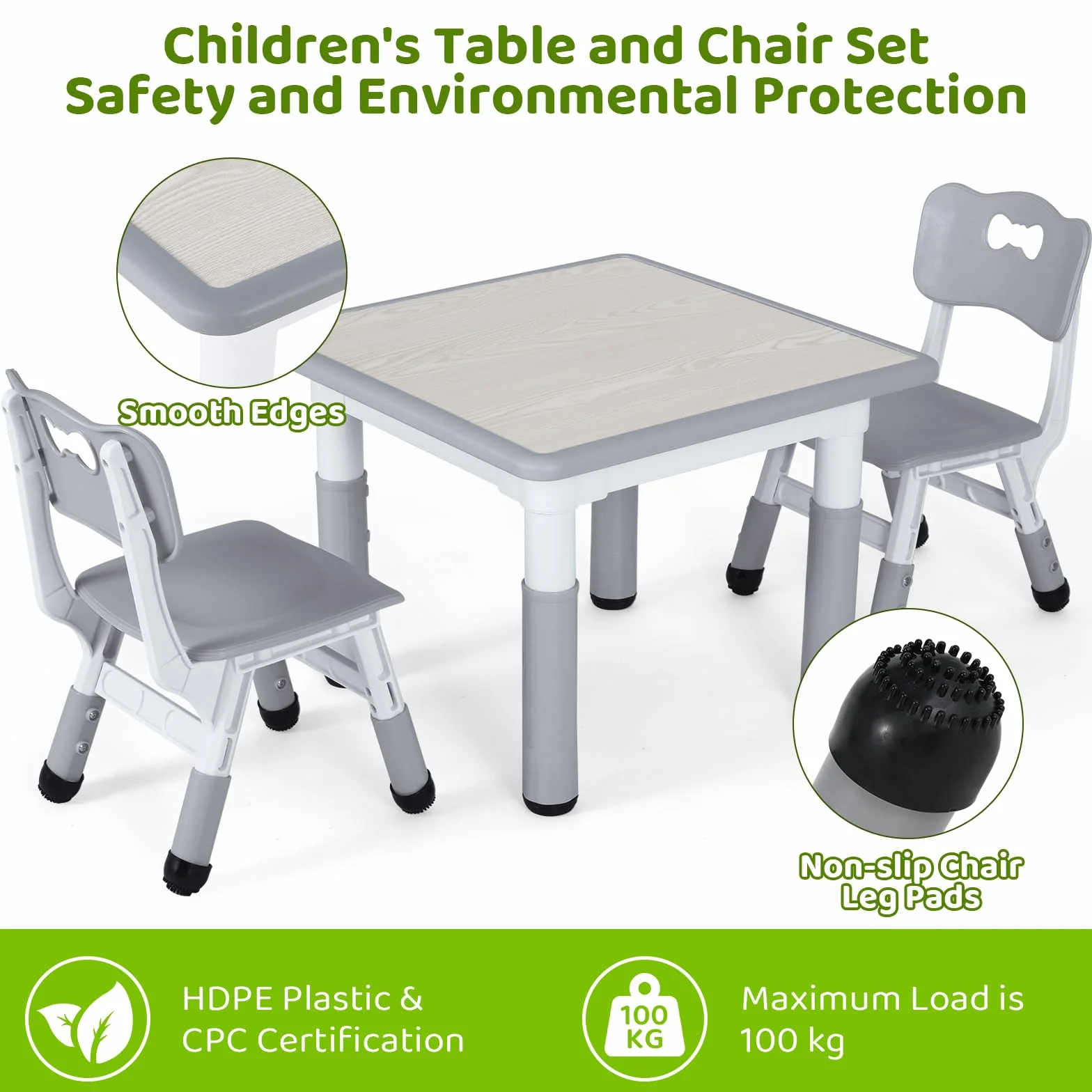 MAMIZO Ensemble de Table pour Enfants Réglable en Hauteur Avec 2 Chaises, Meubles en Plastique, pour Peinture, Garçons et Filles à Partir de 3 Ans (Gris, Carrée)
