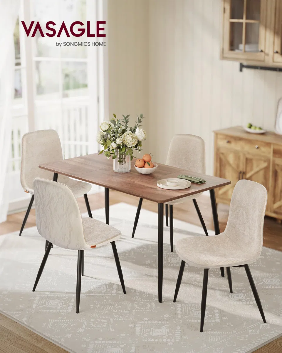 VASAGLE Chaises de Salle à Manger, Lot de 4, Support Métallique, Pieds Réglables, Nettoyage Facile, Chaises de Cuisine, Tissu Chenille, PU Texturé Glacé, Blanc Crème KDC188W01
