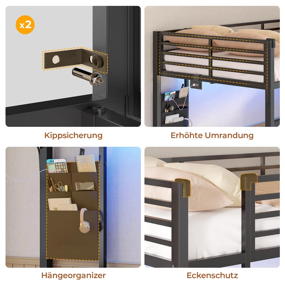 AOGLLATI Lit Superposé Enfant avec Éclairage LED et 4 Ports USB, Lit Mezzanine 2 Places avec 4 Étagères, Tringle, Sac, 3 Tiroirs et 2 Niche en Tissu, Lit Enfant 90x200 en Métal pour Familles Nombreux
