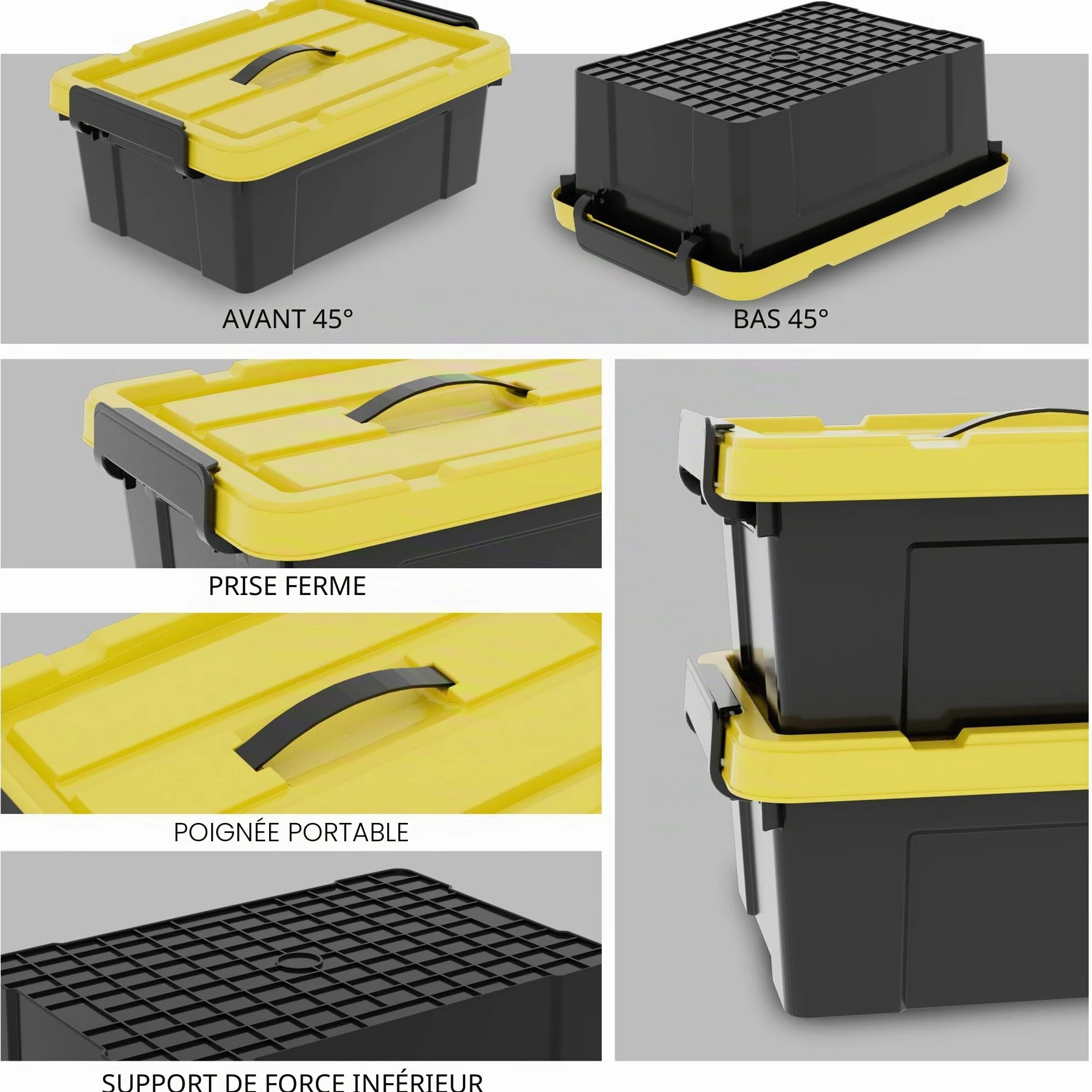 Lot de 6 boîtes de rangement en plastique avec couvercles, 15 L, empilable, noir et jaune