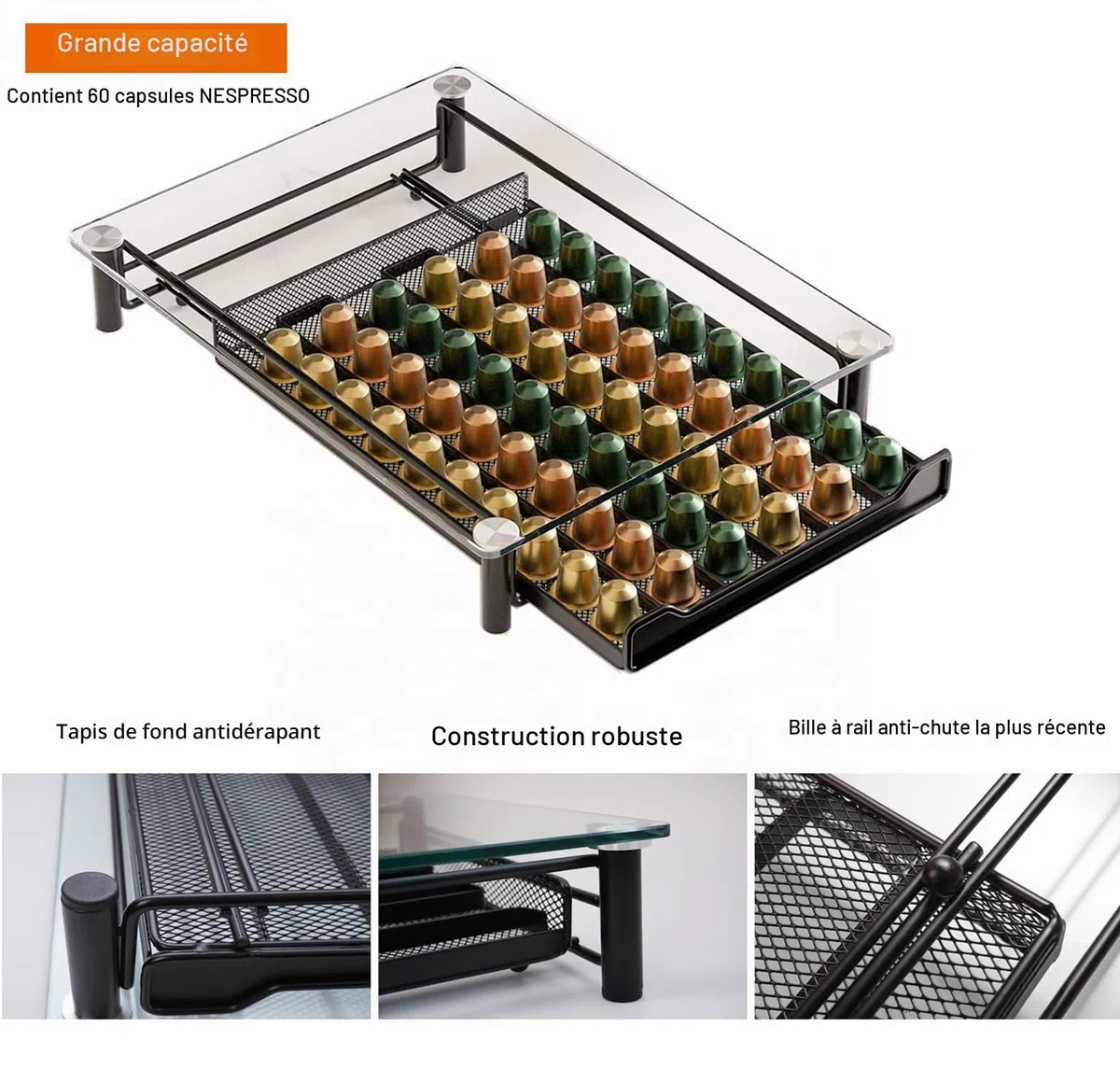 SEVENLINE Tiroir de Rangement pour Capsules de Café en Verre Trempé Cristal Compatible avec les Capsules Nespresso OriginalLine Support pour 60 Dosettes Original Line Organisateur de Cuisine