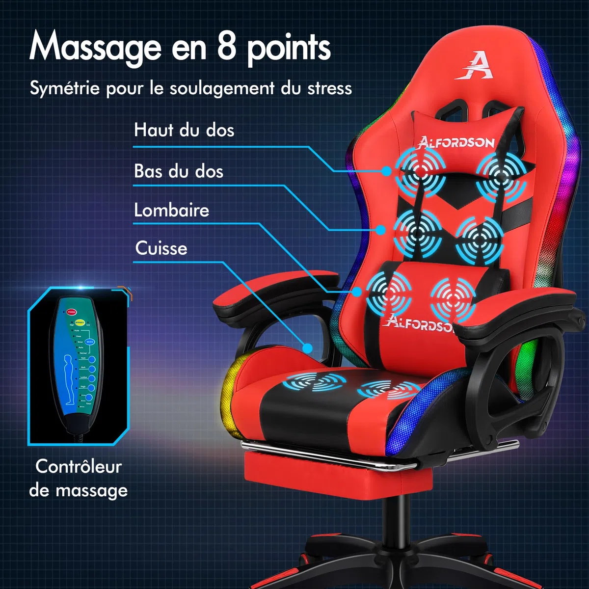 ALFORDSON LED Chaise Gaming, Siege Gaming avec Massage 8 Points, Fauteuil de Gaming Pivotant Ergonomique avec Éclairage RVB avec Support Lombaire et Appui-Tête, Hauteur Réglable, Rouge