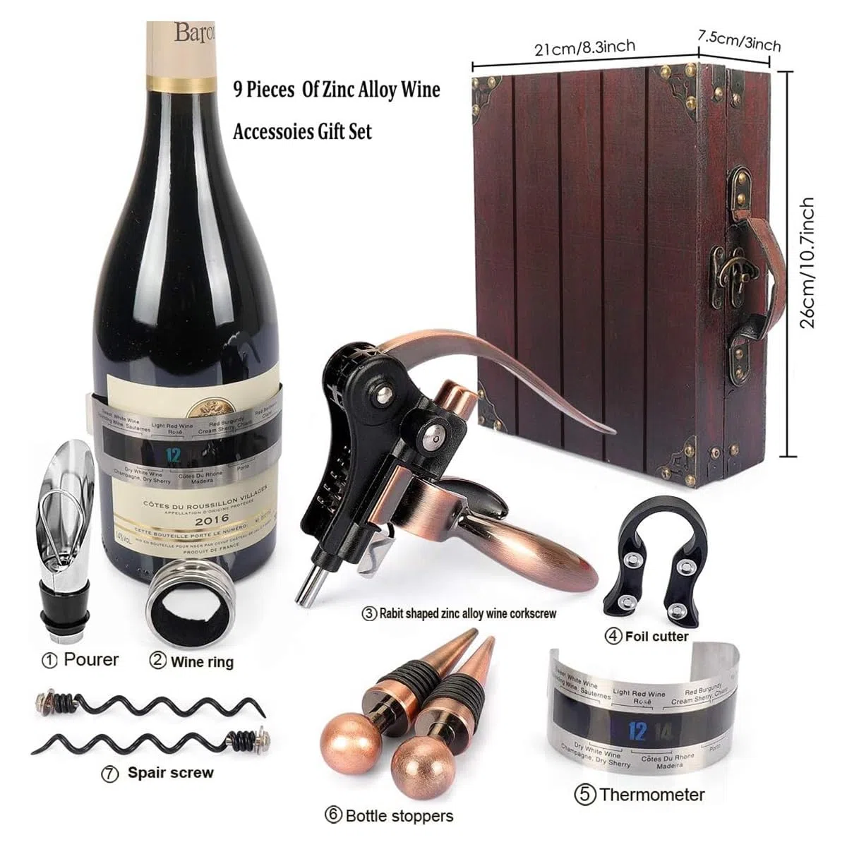 Ensemble ouvre Bouteille de vin dans Une boîte Cadeau en Bois,ouvre Bouteille vin de Luxe,Ensembles d'accessoires pour vin,Set de Sommelier avec Tire-Bouchon (Antike kiste1)