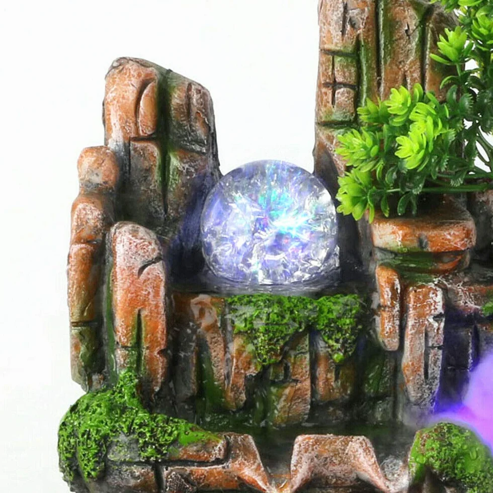 Fonte Feng Shui d'intérieur, fontaine de jardin en pierres, aquarium, avec boule de cristal LED et vaporisateur, fontaine de table, décoration de salon