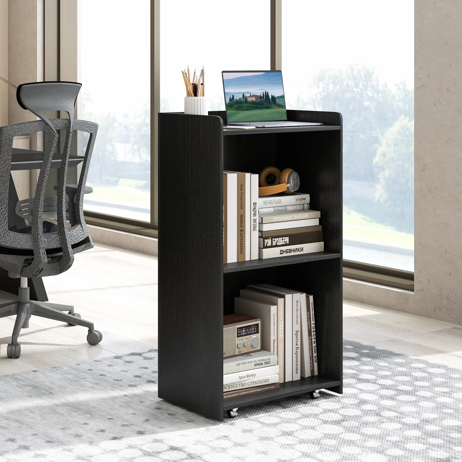 GYMAX Pupitre Mobile avec Roulettes Verrouillables, Table Haute, 57 x 37 x 105 cm, Noir