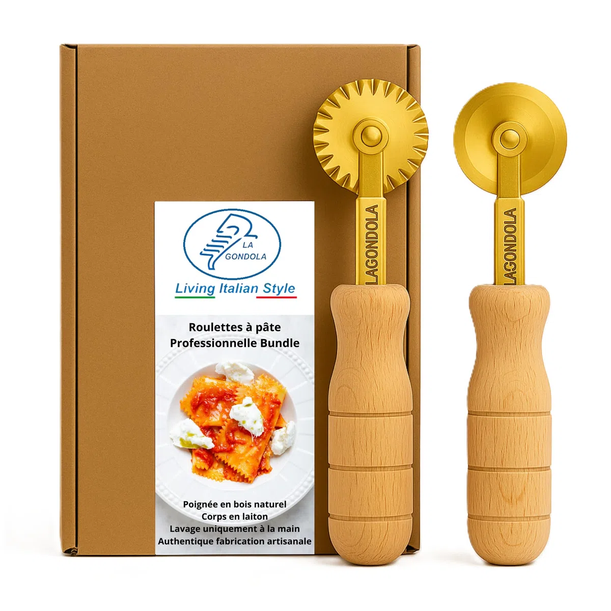 La Gondola Lot de 2 Roulettes Coupe-Pâtes - Roue Lisse et Roue Décoré | Outils de Préparation des Fait Maison Pâtes | Laiton & Bois Naturel Roulettes Découpe | Roulettes à Ravioli Fabriqué en Italie