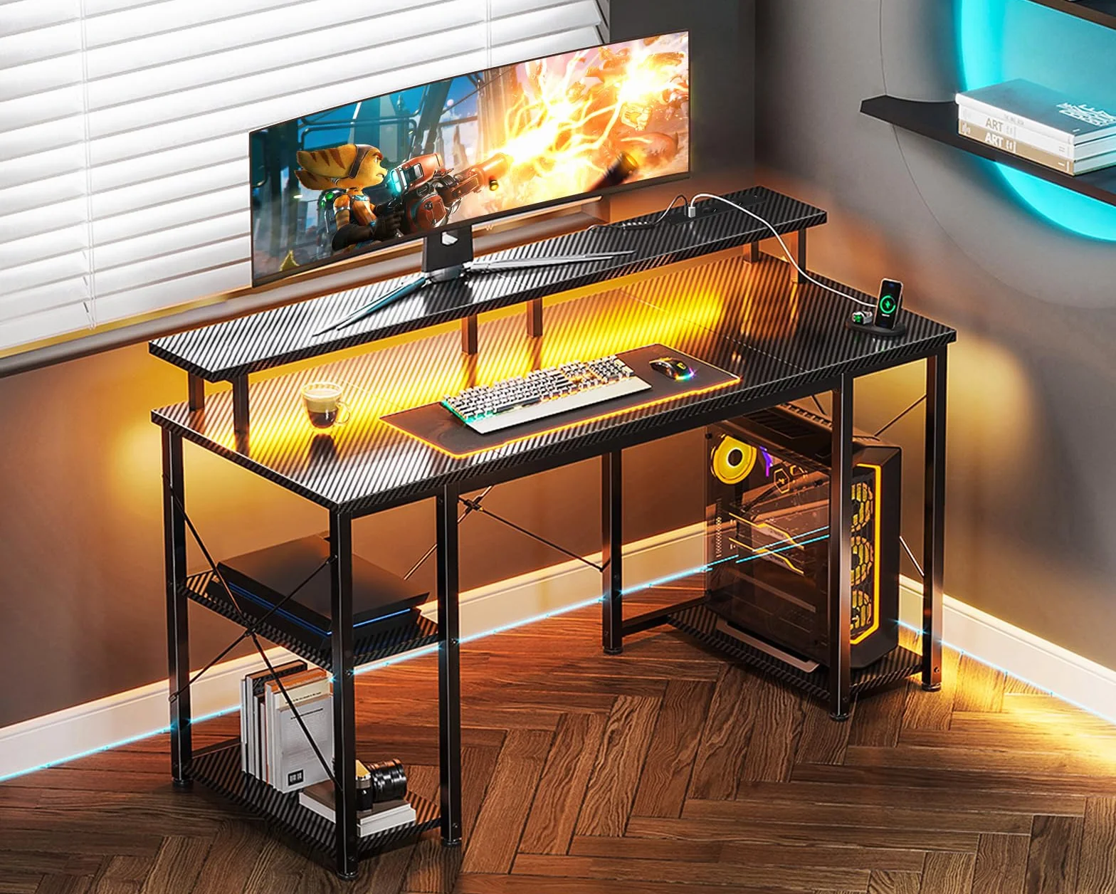 Coleshome Bureau Gaming avec éclairage LED, 120x50cm Bureau Ordinateur avec 2 Prises électriques & 2 Ports USB, Bureaux Informatique avec Support d'écran, Petit Bureaux à Domicile, Noir Carbone