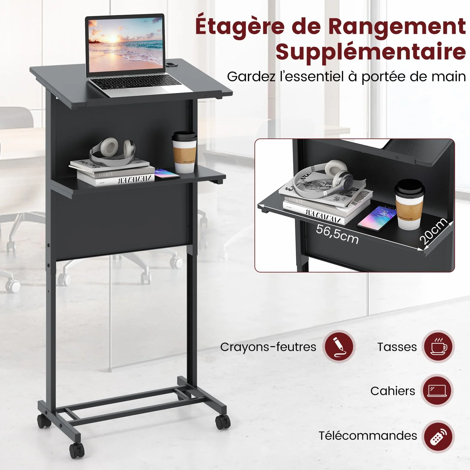 COSTWAY Podium Debout Mobile Pupitre 108-122 cm pour Ordinateur Portable, Bureau Debout Roulant Plateau Incliné avec Rebord