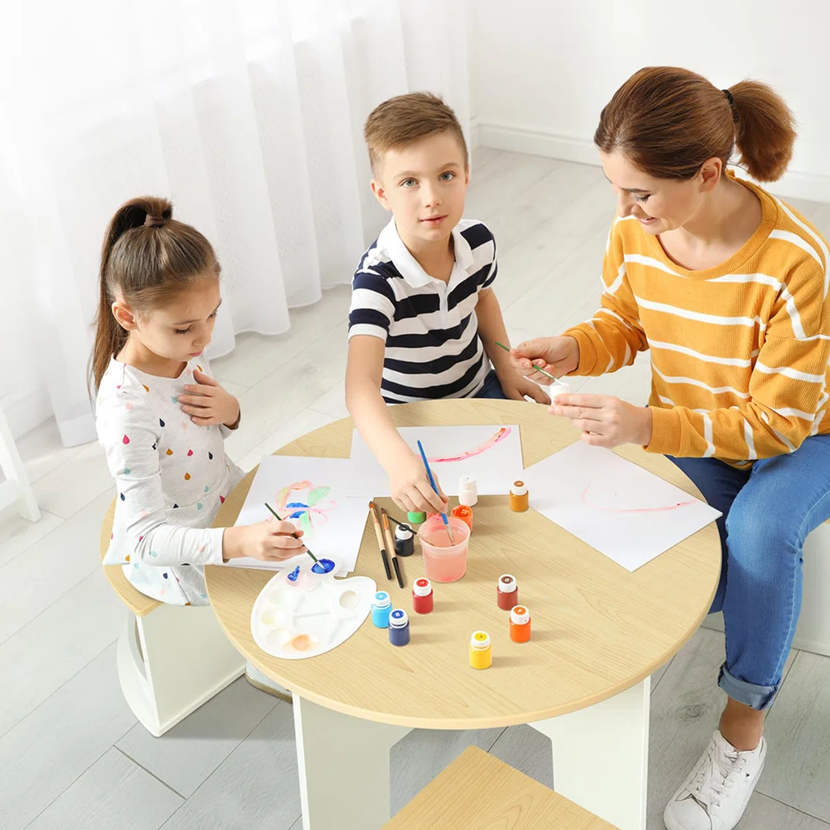 OOOK Table Enfant avec 4 Chaise, Table Ronde en Bois avec 4 tabourets à Rangement, Tables et chaises pour Enfants dédiés à l'art, l'artisanat, la Lecture et Les Jeux