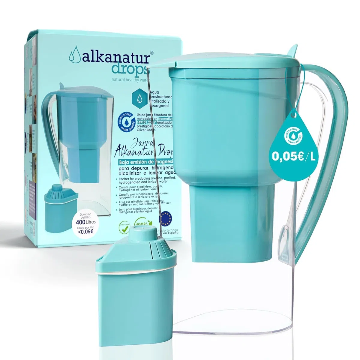Carafe Filtrante Charbon Actif Eau Maison Alkanatur avec Filtre Basse Émission Sans Resine Ajoute Magnesium Fabrication Europeenne pH 9 Capacité 1.4L Water Filter Jug Hydrogène Élimine Métaux