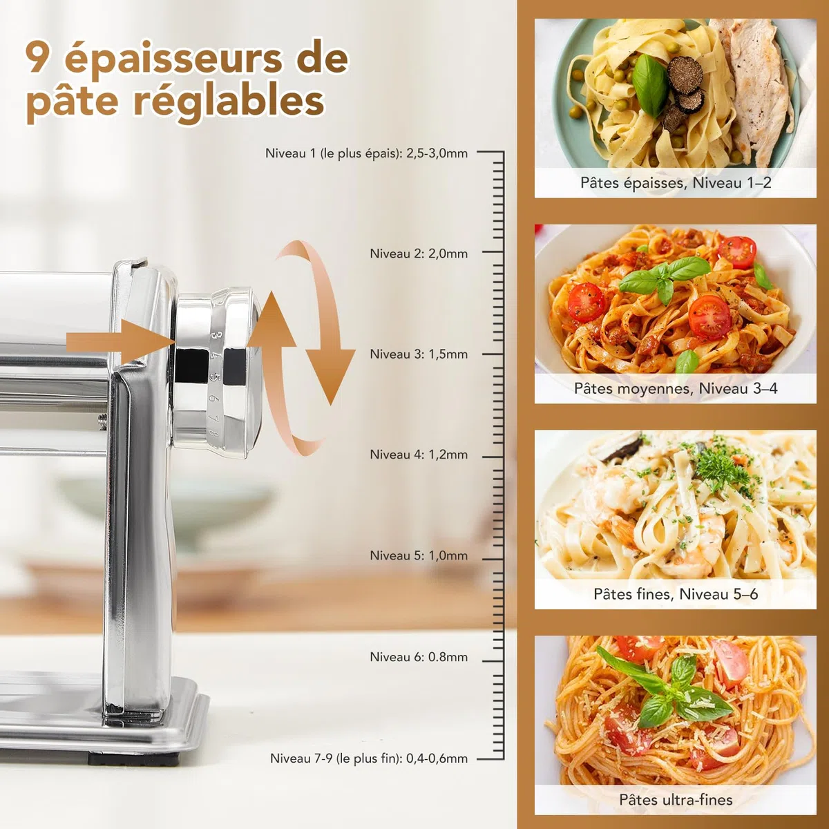 ROSSETTO Machine à pâtes manuelle avec séchoir – En acier inoxydable avec 9 épaisseurs de pâte et 2 largeurs de coupe – Pour lasagnes, spaghettis, fettuccine – Raviolis