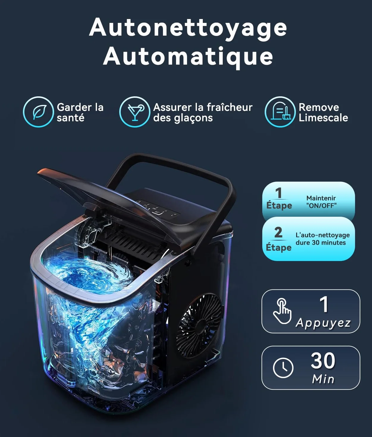 ecozy Machine à Glaçons Autonettoyante Portable, 12kg/24h, 9 Glaçons en 6 Minutes, 2 Tailles, Noir