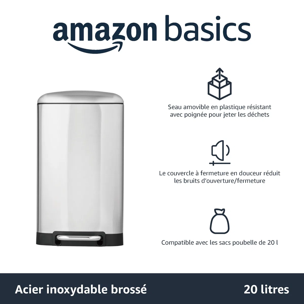 Amazon Basics Petite poubelle rectangulaire résistante aux taches avec pédale, fermeture en douceur, pour salle de bain, chambre à coucher, salon ou bureau, 20 l, nickel